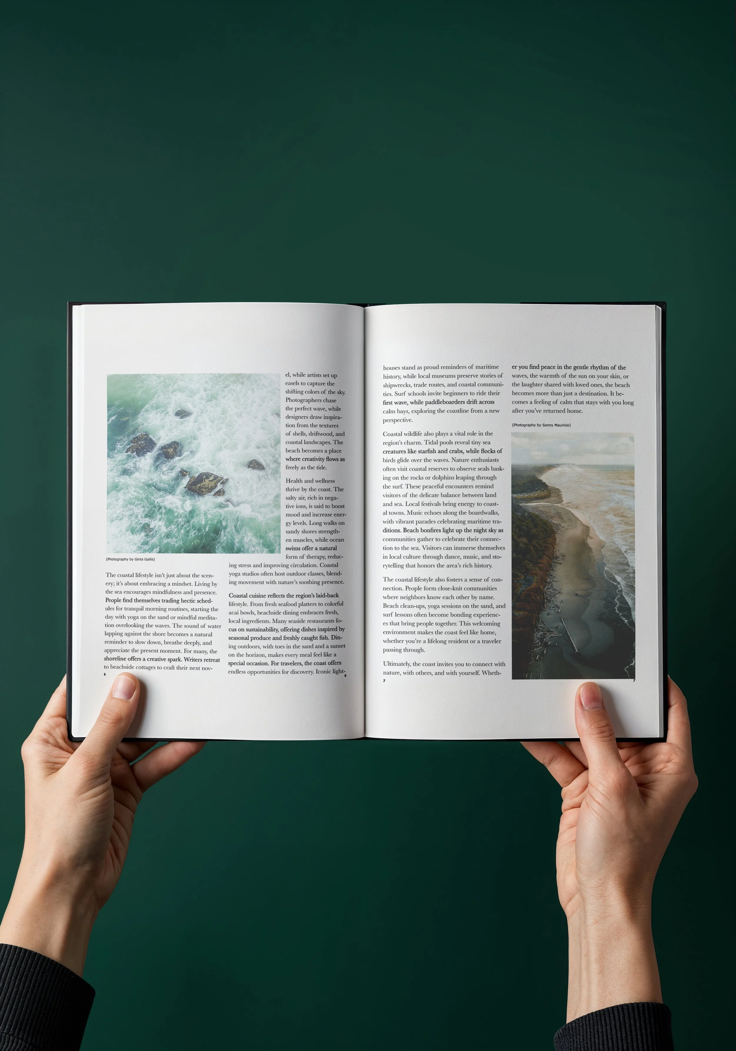 Open book showing two pages, one with text and a photo of ocean waves, the other with text and an aerial view of a coastline with cliffs and beach, held by person with hands at bottom corners on green background.