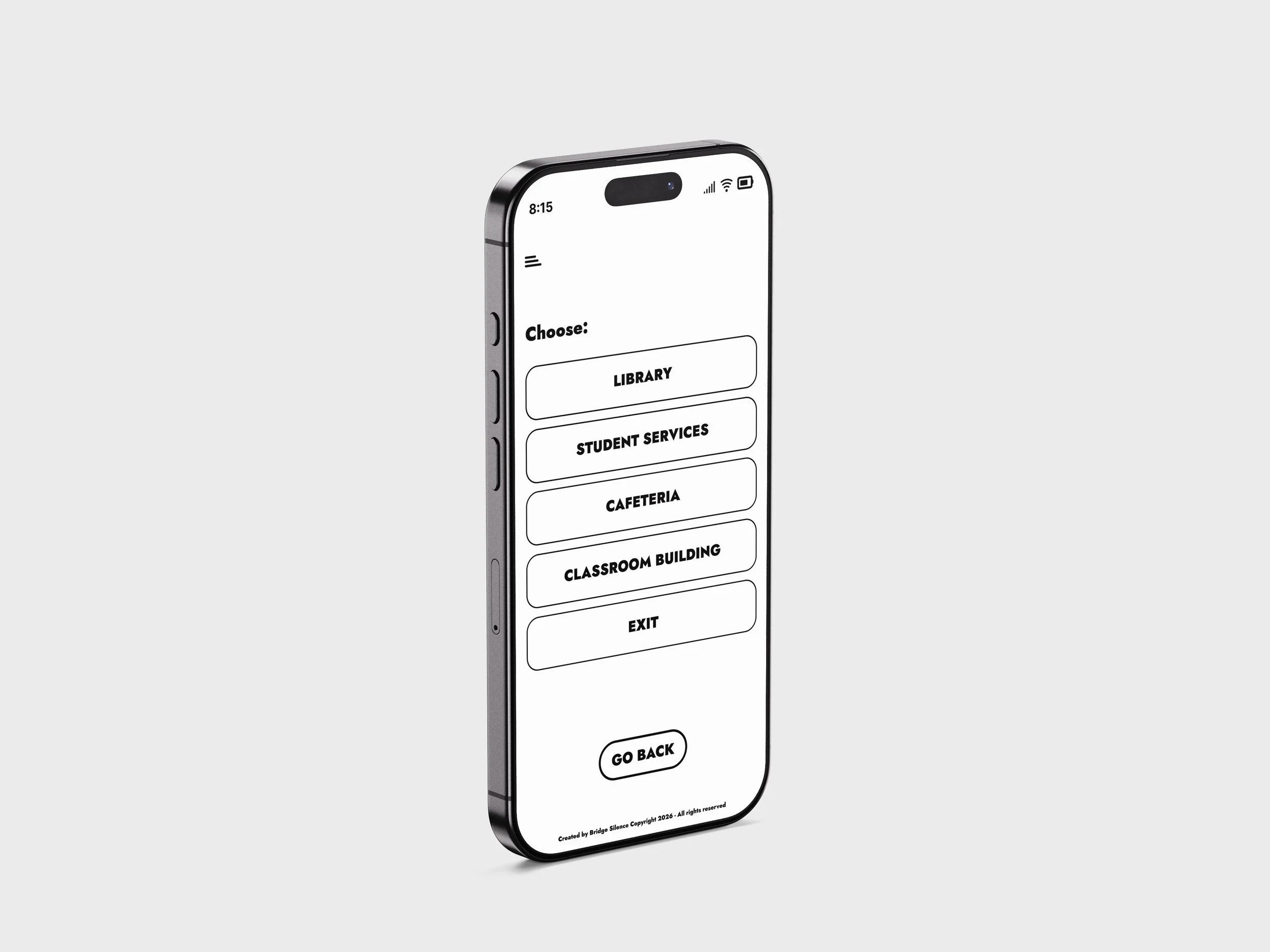A smartphone screen displaying a school app menu with options including Library, Student Services, Cafeteria, Classroom Building, Exit, and Go Back.