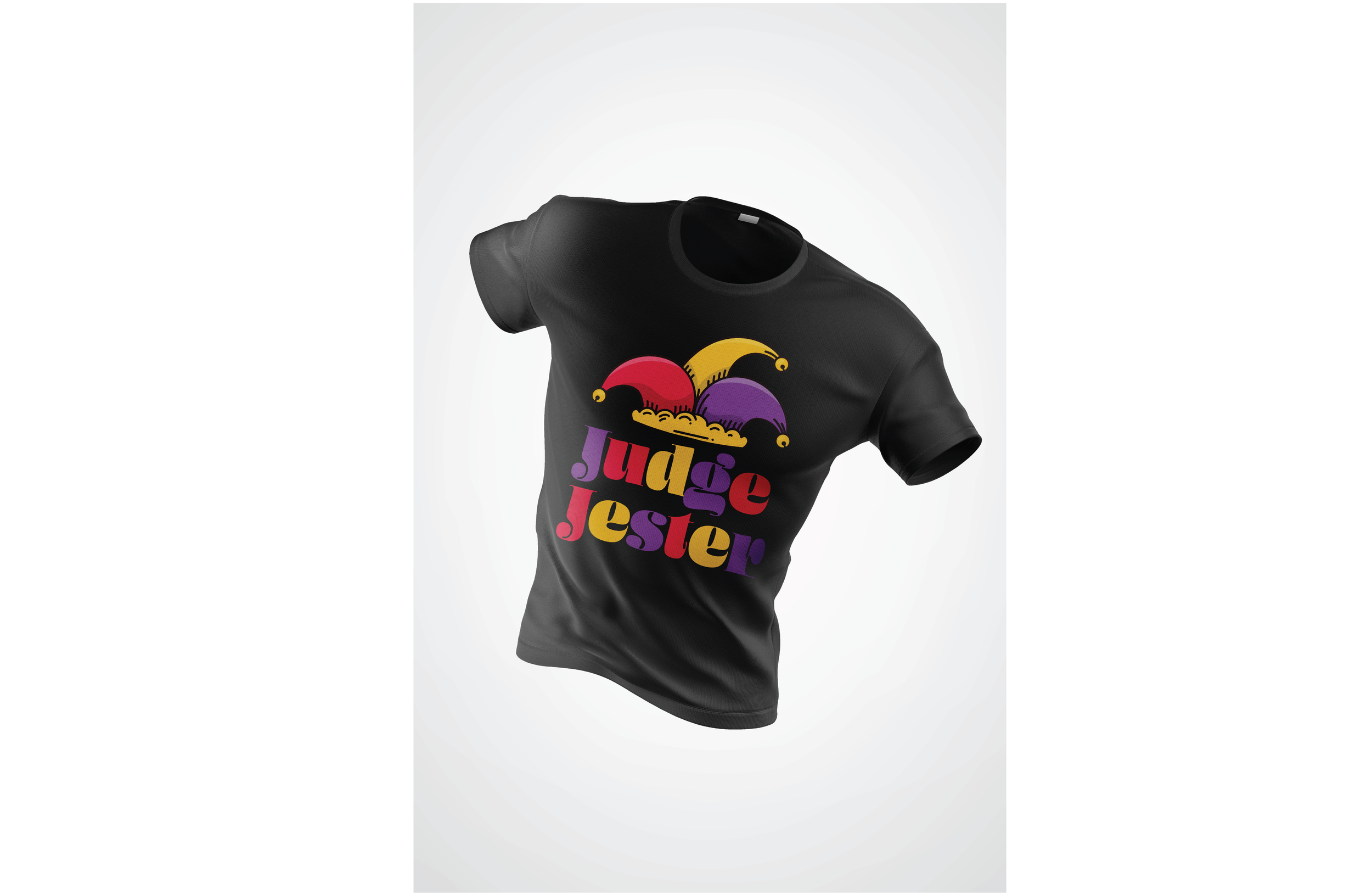 Black T-shirt featuring colorful jester hat graphic and the words "Juge Jester" in rainbow colors.