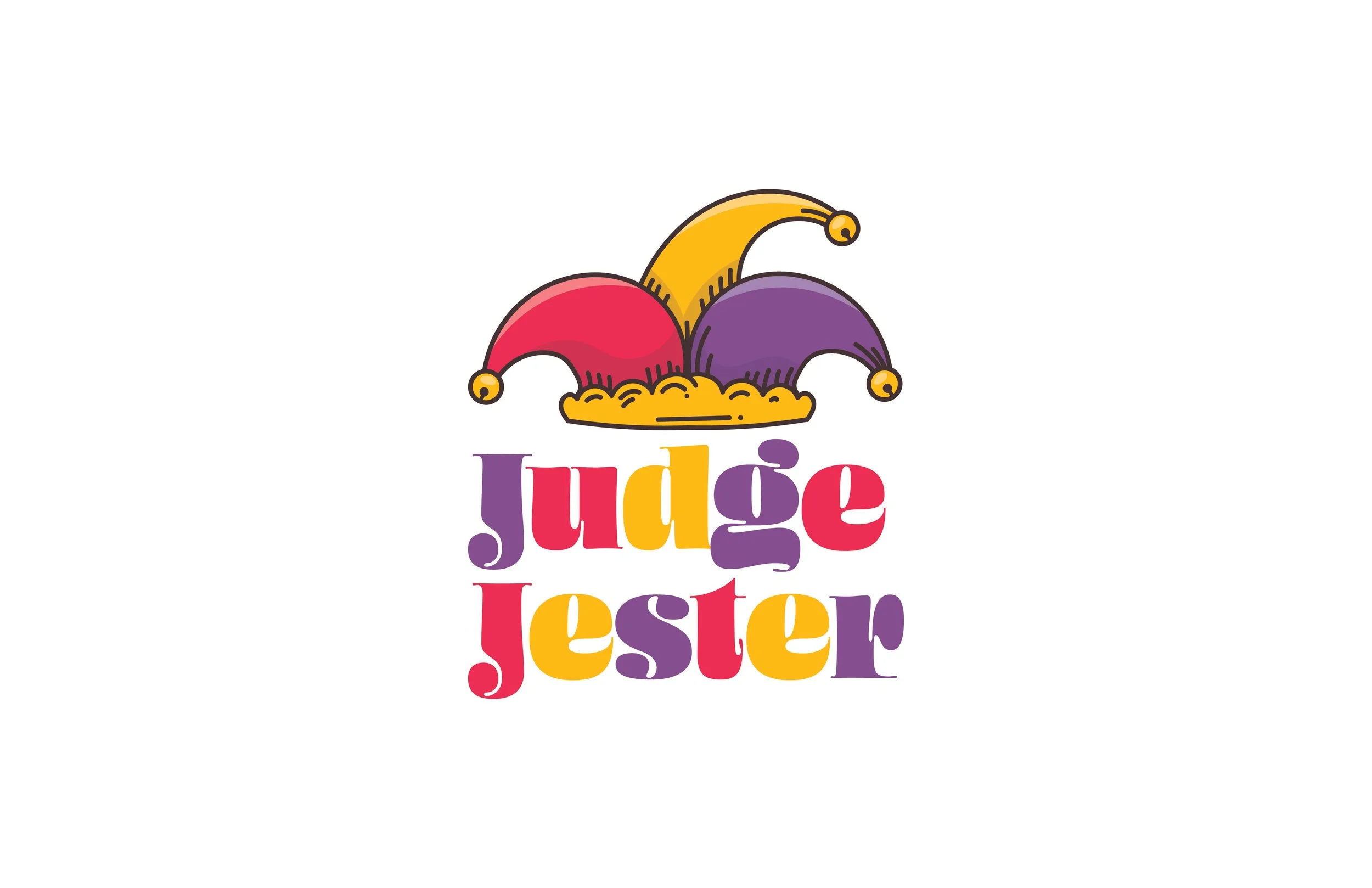 Colorful text that says "Jude Lionester" with a jester hat featuring red, purple, and yellow sections, each with small yellow bells.
