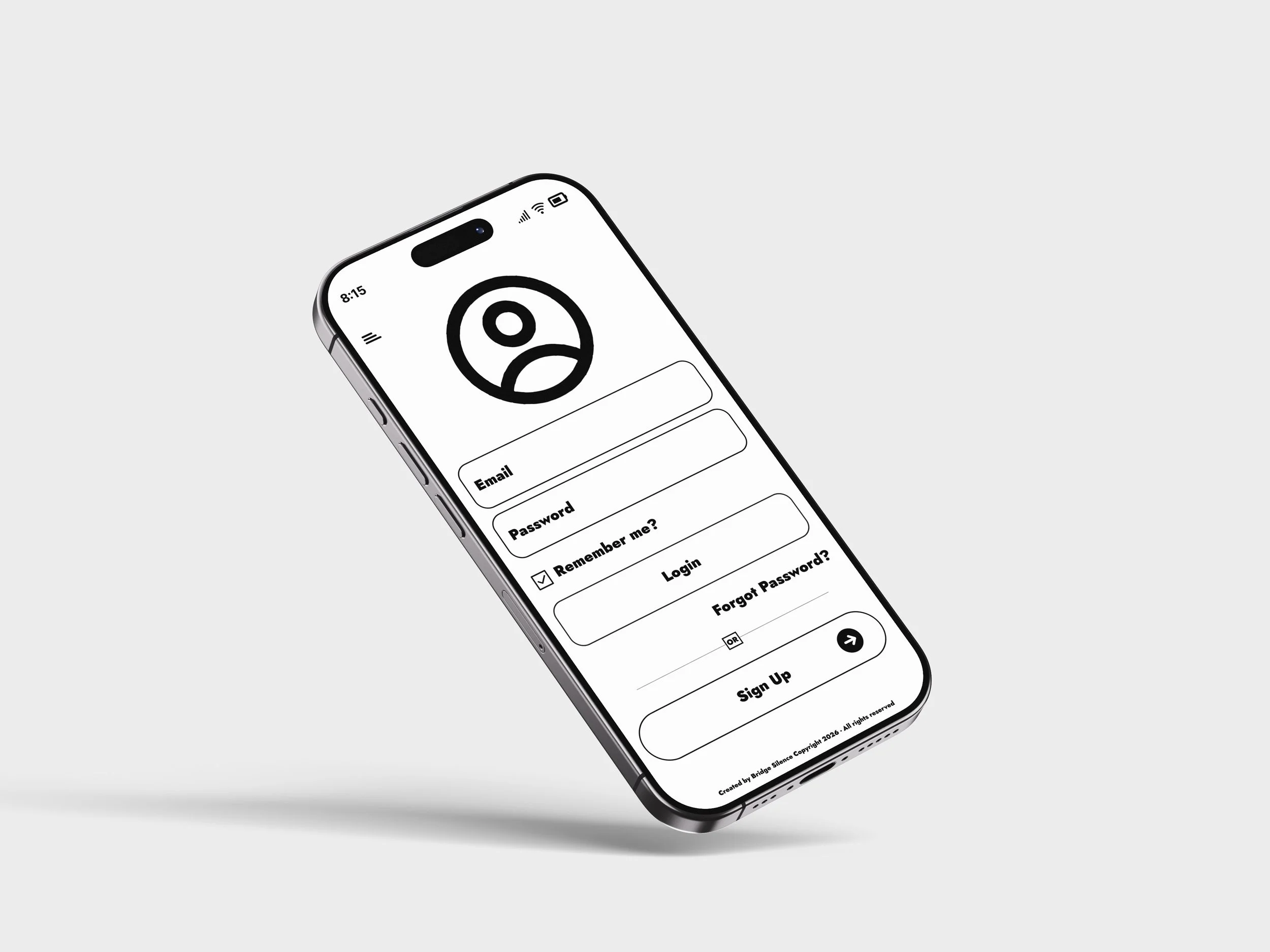 An iPhone displaying a black and white cartoon face with a sad expression on its screen, with form fields for email, password, and login.