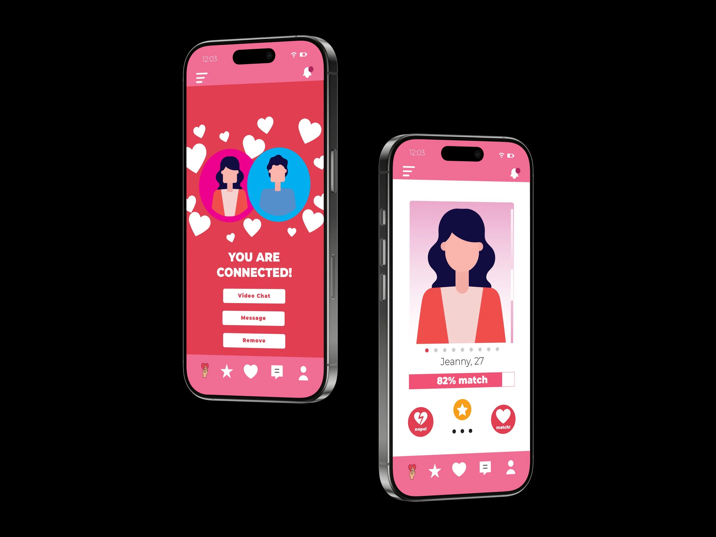 Two smartphones displaying dating app profiles with pink and red themes, hearts, and user photos.