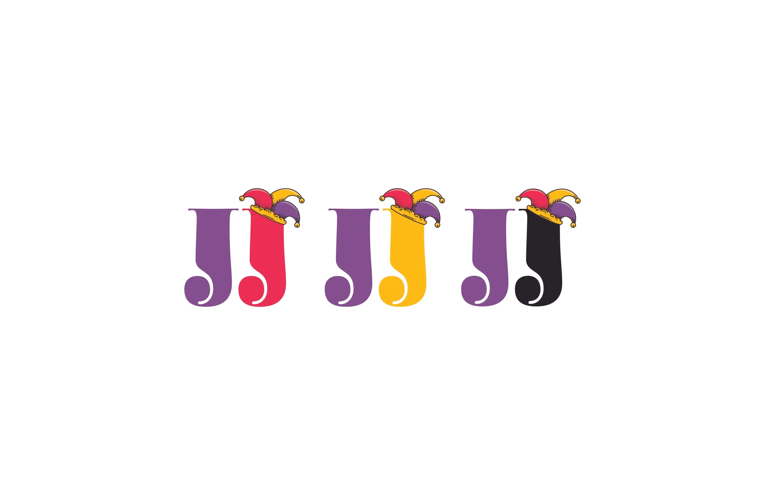 Colorful cartoon musical notes with jester hats in purple, red, yellow, and black.