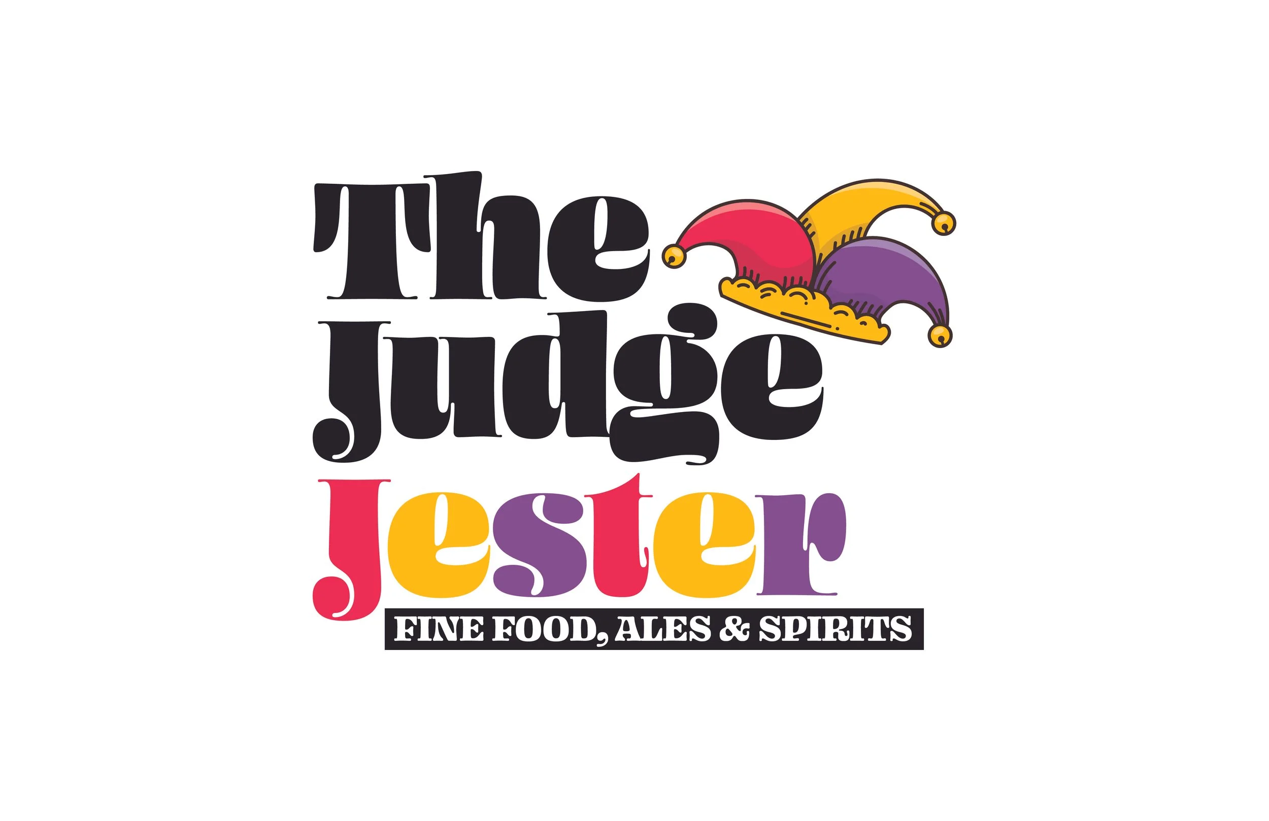 Colorful logo for 'The Jester,' a venue for fine food, ales, and spirits, with a jester hat graphic and playful typography.