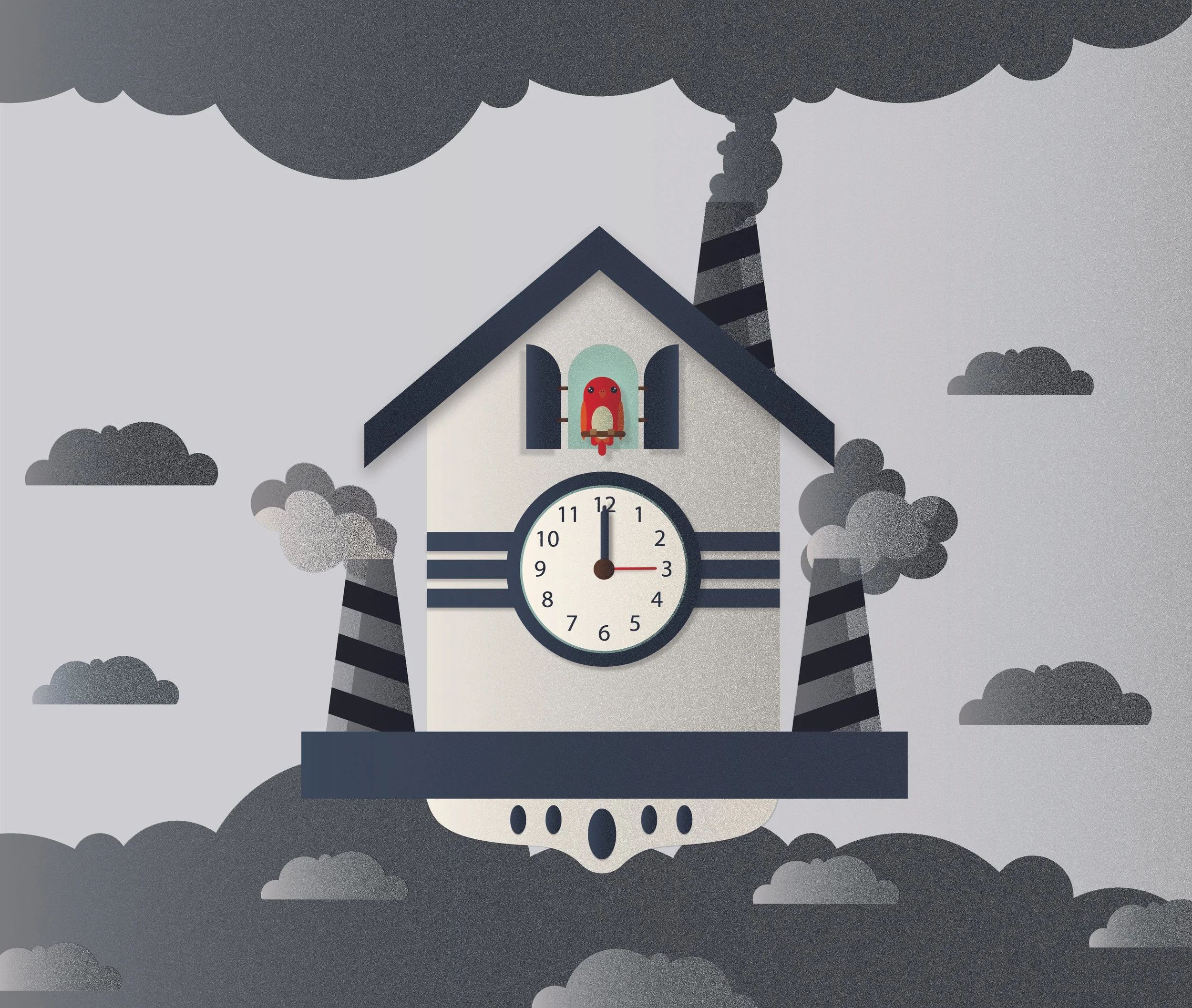 A stylized illustration of a cuckoo clock with a bird on a perch beneath an arched window, a clock face showing the time as 12:00, surrounded by gray clouds and smoke in the background.