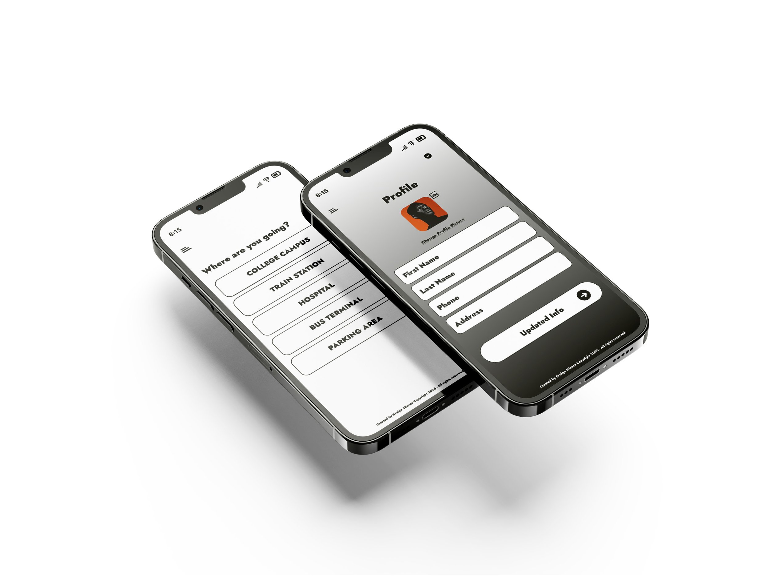 Close-up of two smartphones displaying a profile creation app, showing options for entering personal information and selecting a profile picture.
