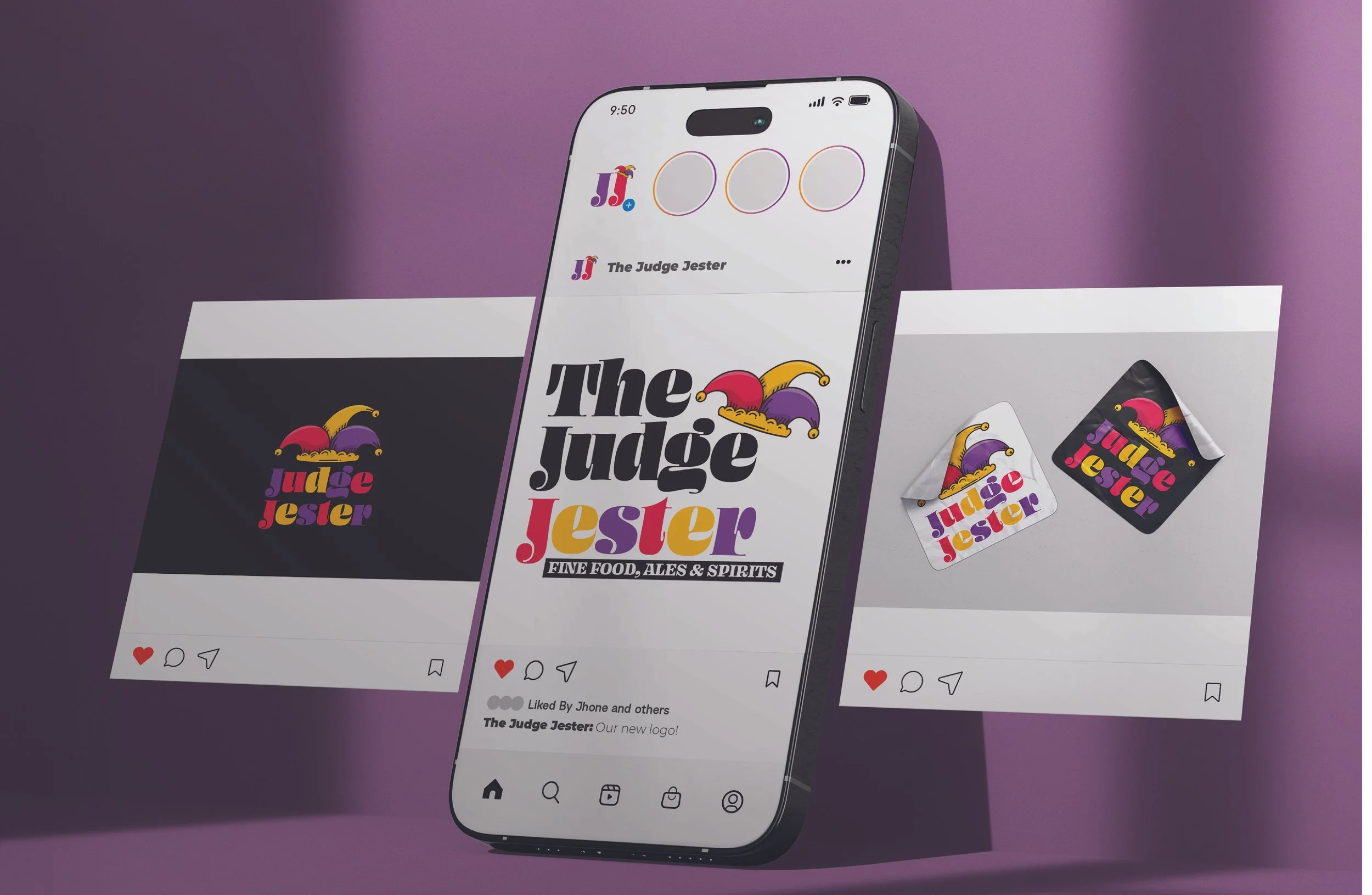 A smartphone on display showing a social media post for The Judge Jester, a venue for fine food, ales, and spirits. The screen exhibits the venue's logo and branding, with colorful jester hats and the name in bold, multicolored text. There are also t