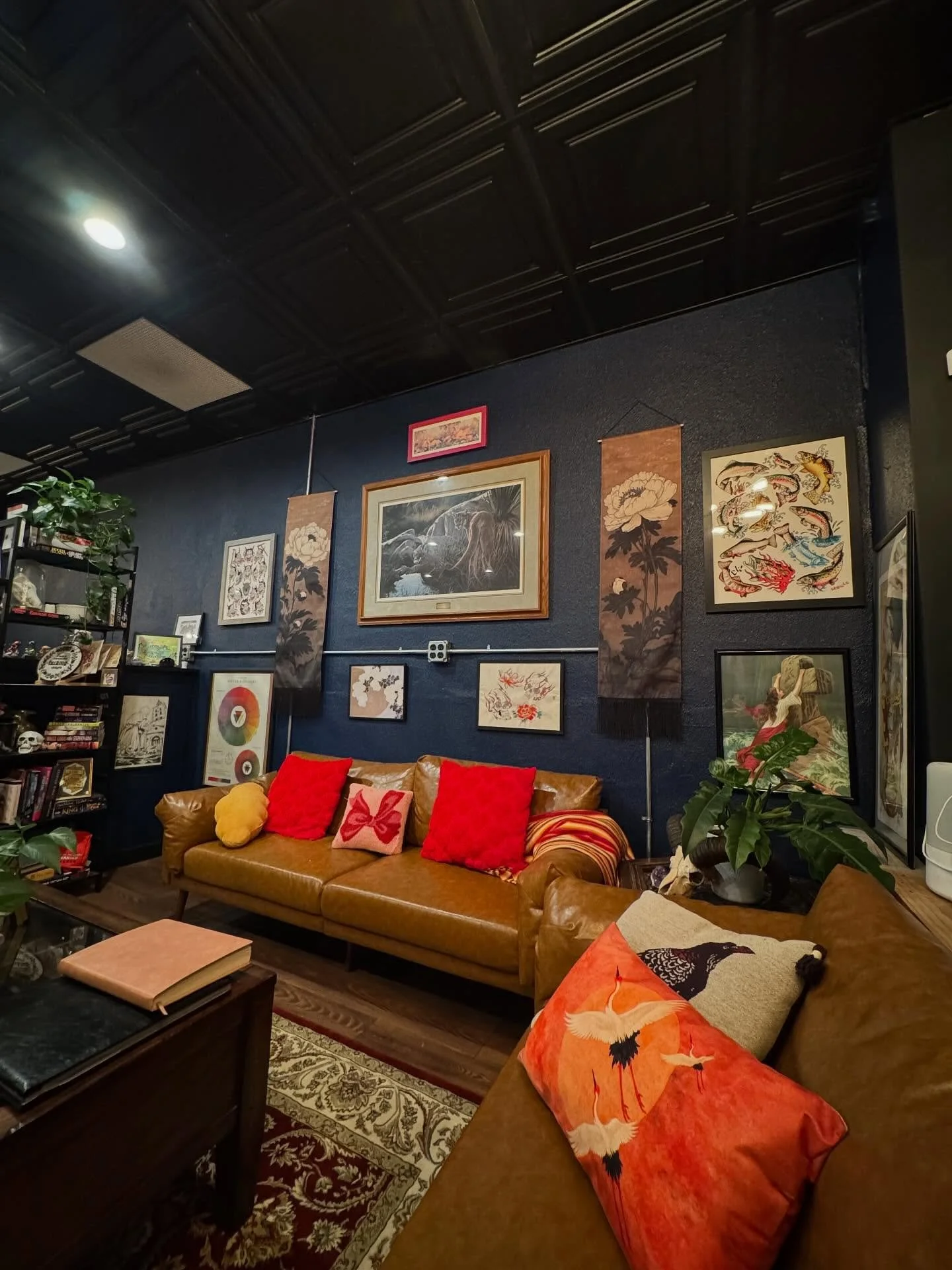 Mid-shop transformation: living room rearranged, Aurora's stunning navy makeover, and a new faux built-in bookshelf coming soon! Plus, we're prepping for an aquarium to introduce some underwater friends to the shop 🥰  should we do a betta or some go