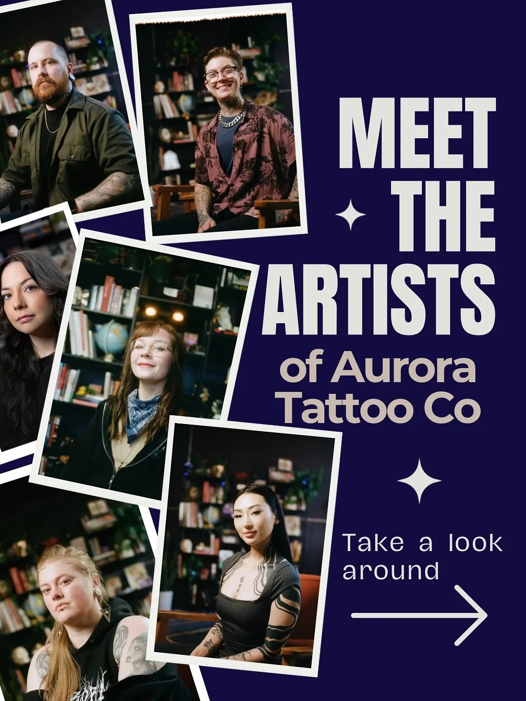 Meet the artists of Aurora Tattoo Company.
A group of talented &amp; kind people whom care deeply about your experience and your tattoo.
Different styles. Shared values.
Collaboration, consent, comfort, and sick tattoos.
Swipe to meet everyone.
You&r