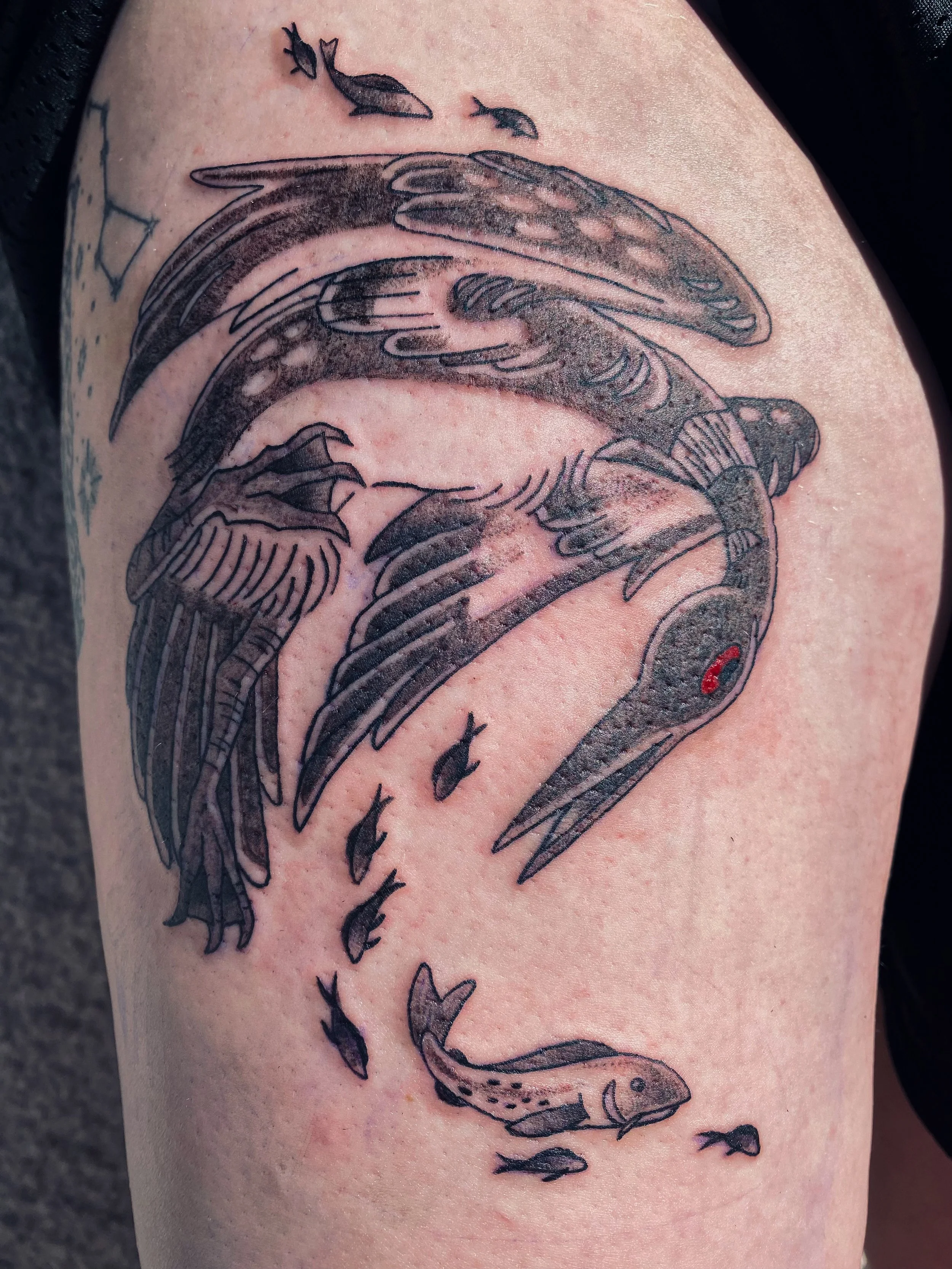 A tattoo of a dolphin jumping out of the water, with smaller fish swimming below it.