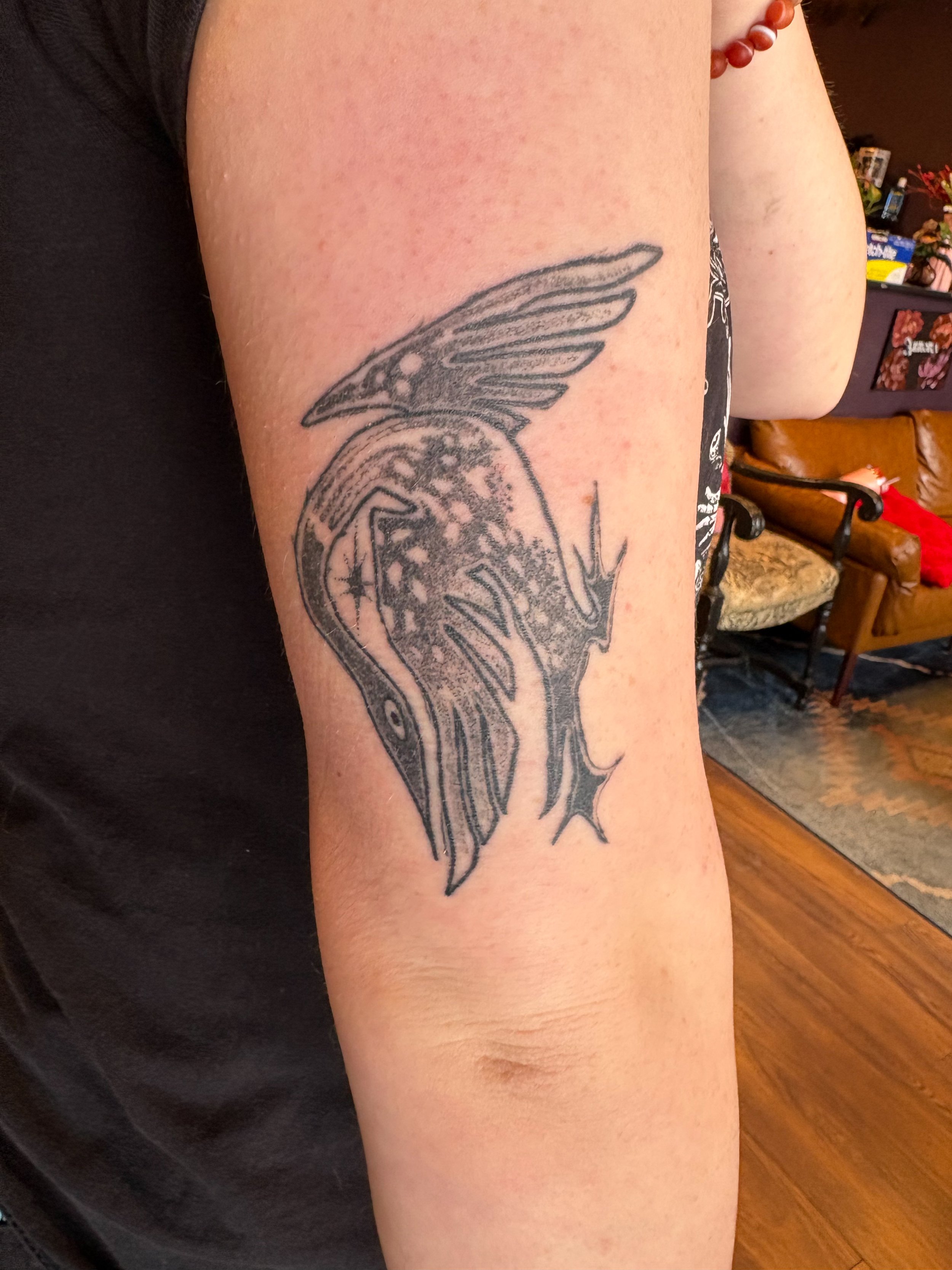 Black and gray tattoo of a bird with detailed wings and tail on a person's upper arm.