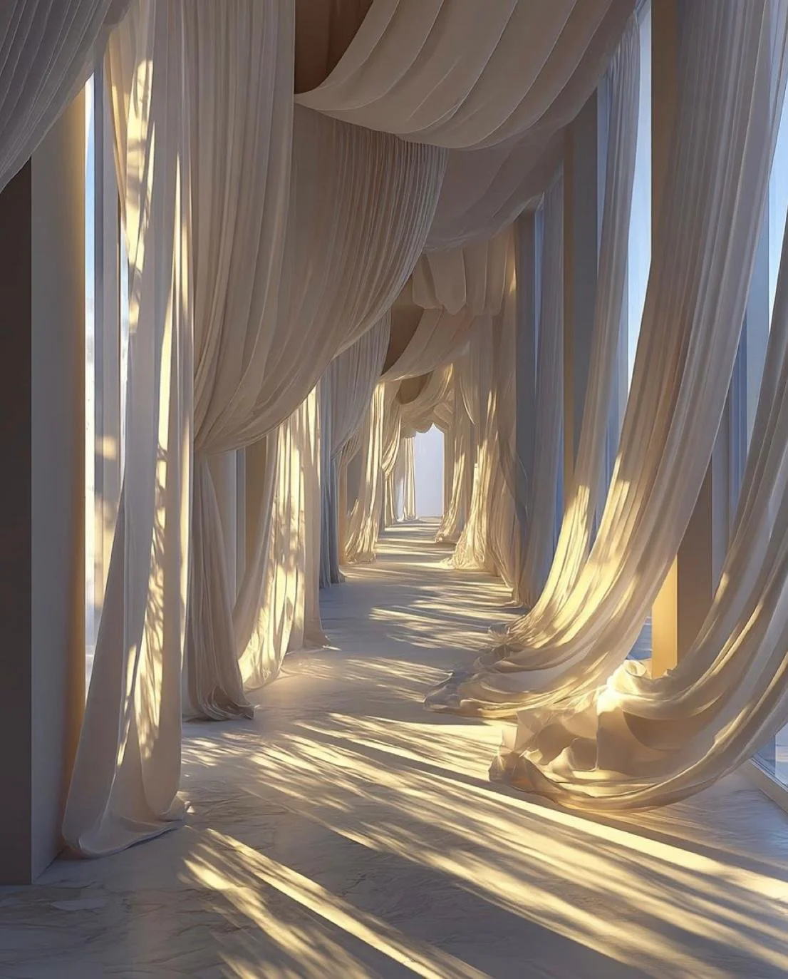 Ein Flur mit langen, weißen Vorhängen, durch die Sonnenlicht scheint, was Schatten auf den Boden wirft.