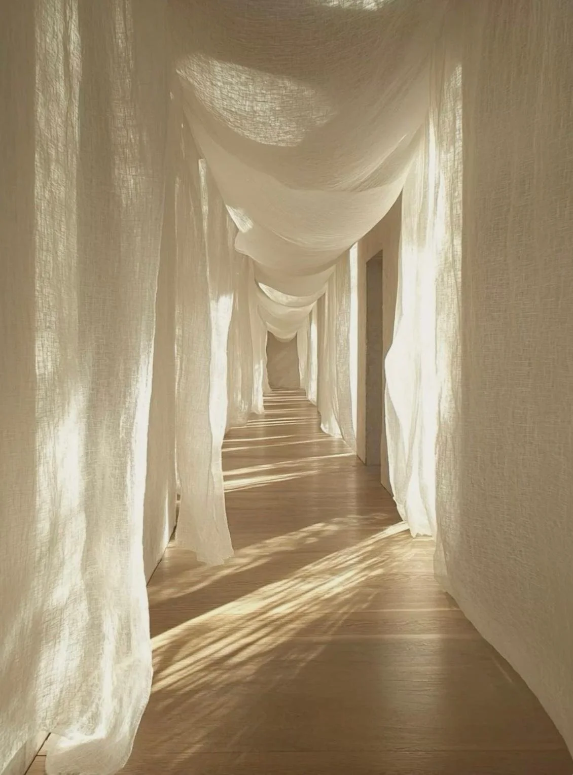 Ein schmaler Flur mit durchscheinenden weißen Vorhängen, Sonnenlicht wirft Schatten auf den Holzboden.