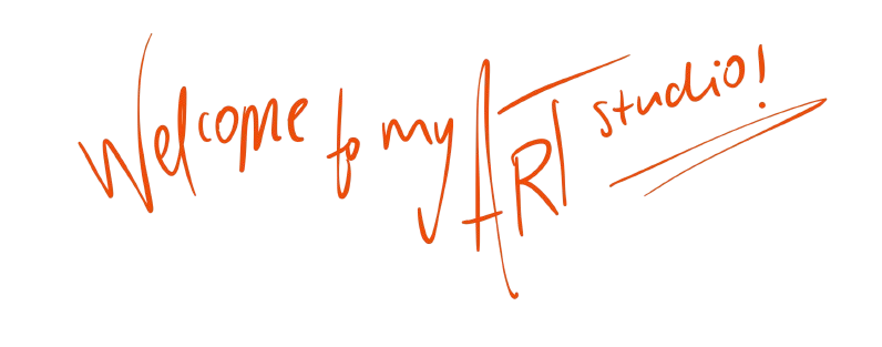 Schwarze Tafel mit orangefarbenem handgeschriebenem Text 'Welcome to my ART studio!'