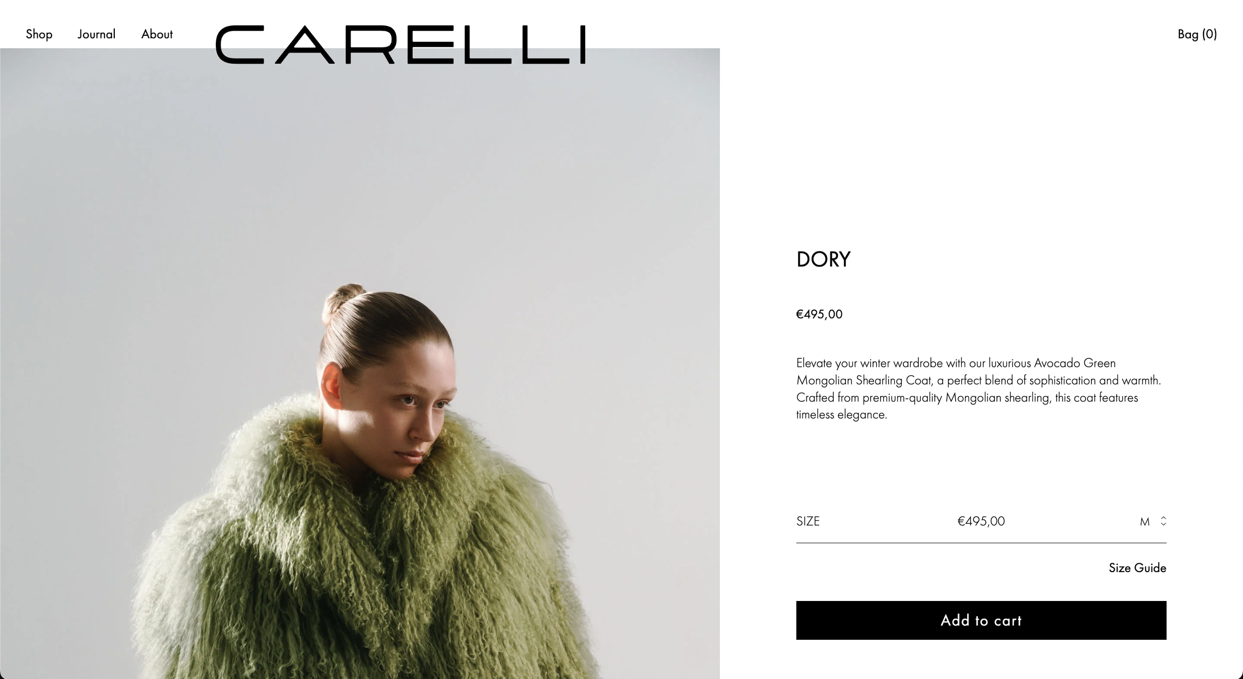 Online store webpage featuring a model wearing a green Mongolian shearling coat, with product details and shopping options.