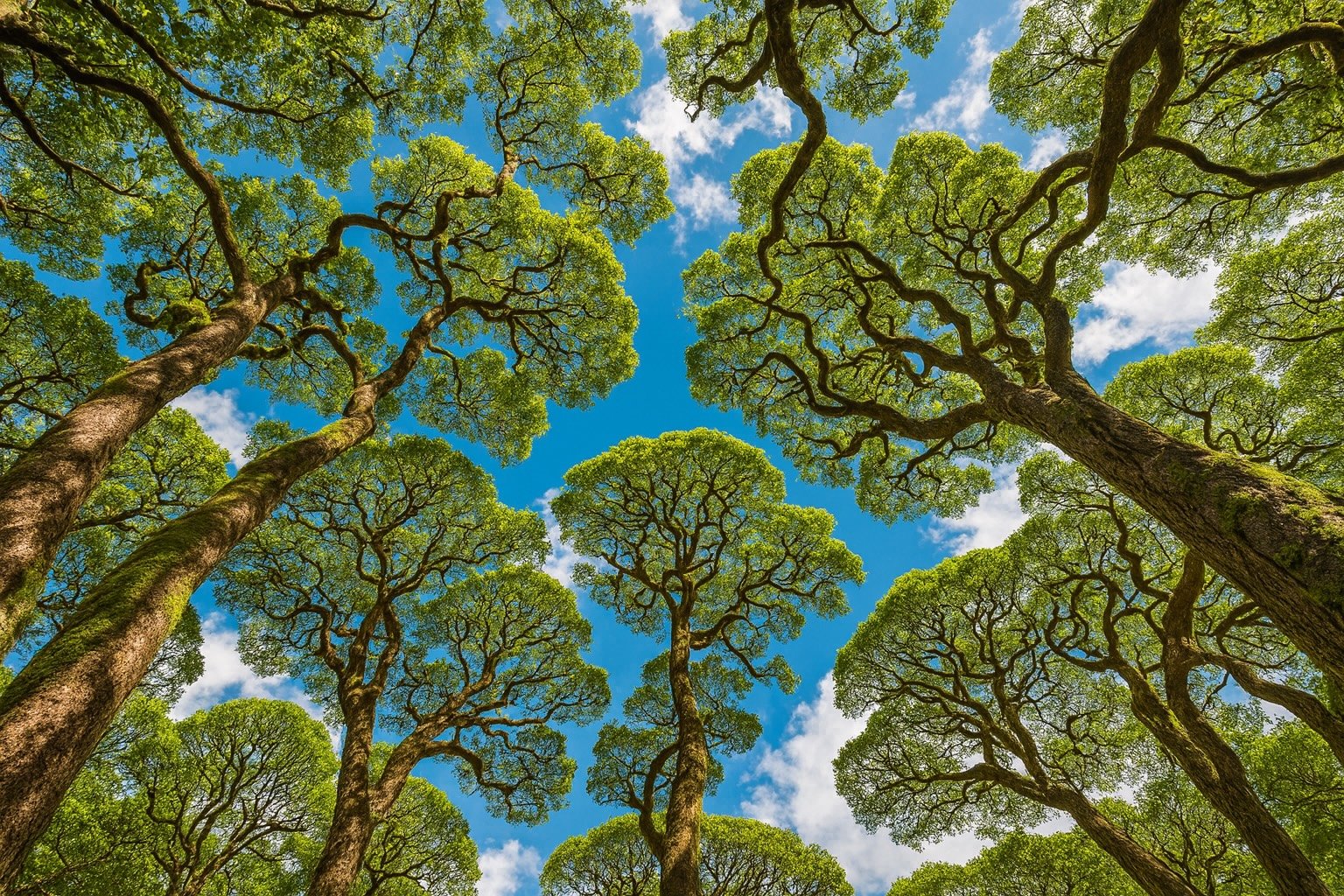 Looking up at leatherwood trees with twisted branches and green leaves against a bright blue sky with some white clouds.
