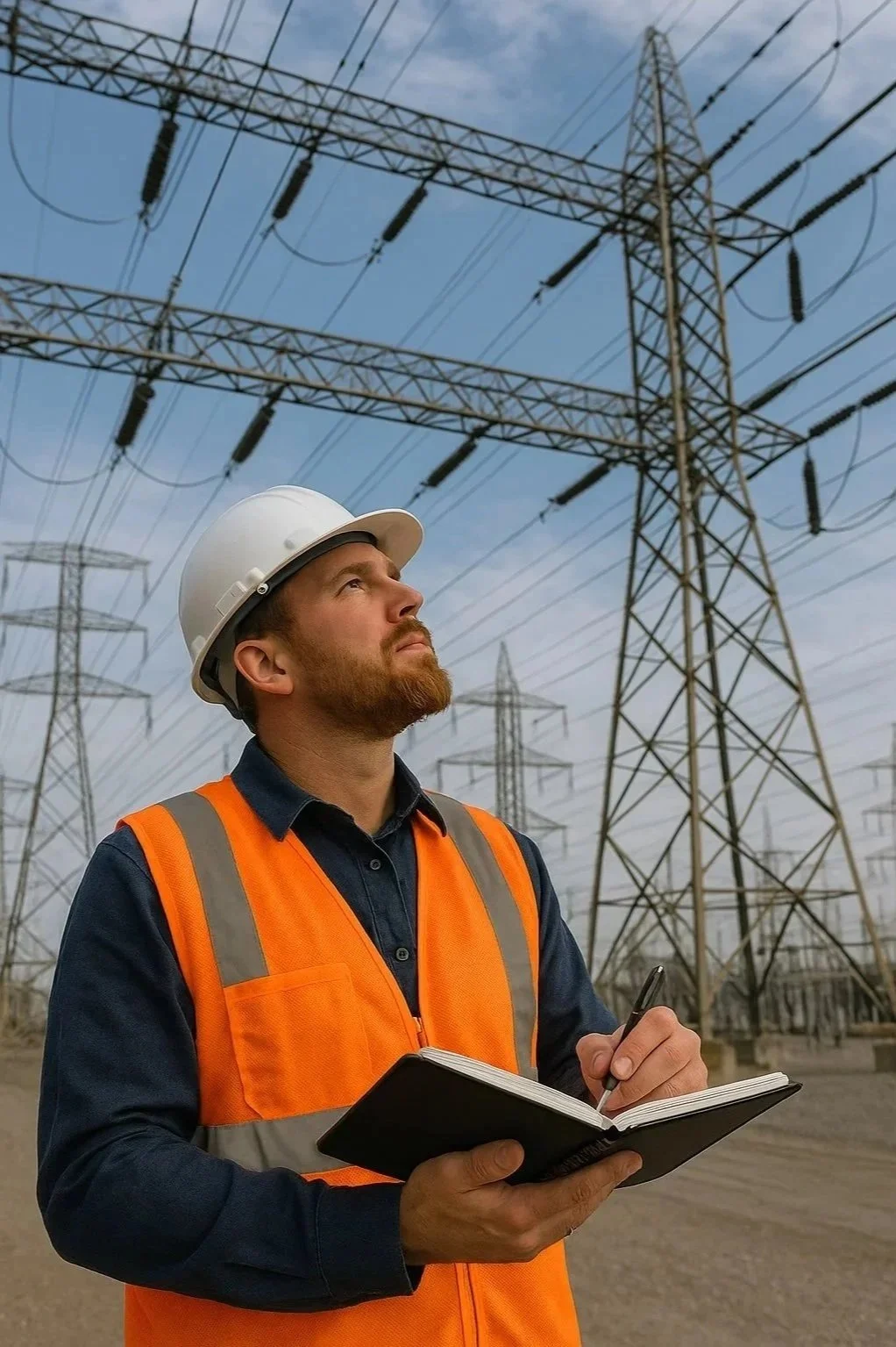 A man in a white safety helmet and orange reflective vest stands outdoors, holding a notebook and pen, looking up at high-voltage power lines and transmission towers.