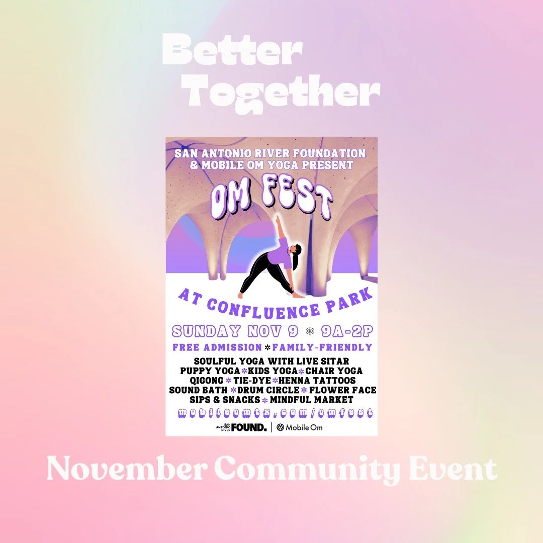 Hi, hi!
Our November event will be a community event:
Om Fest (Hosted by Mobile Om)
on Sunday, November 9, 2025
10:00 AM 12:15 PM at Confluence Park 
Let's spend a Sunday morning connecting with friends and rejuvenating your body at Mobile Om&rsquo