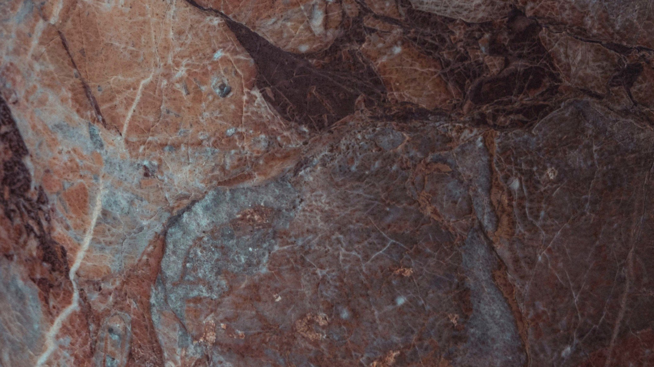 Close-up of a polished brown and reddish marble surface with natural veining and patterns.