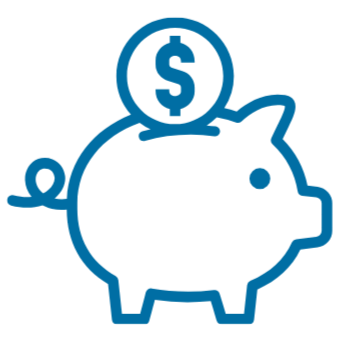 Blue icon of a piggy bank with a dollar sign on a coin above it.