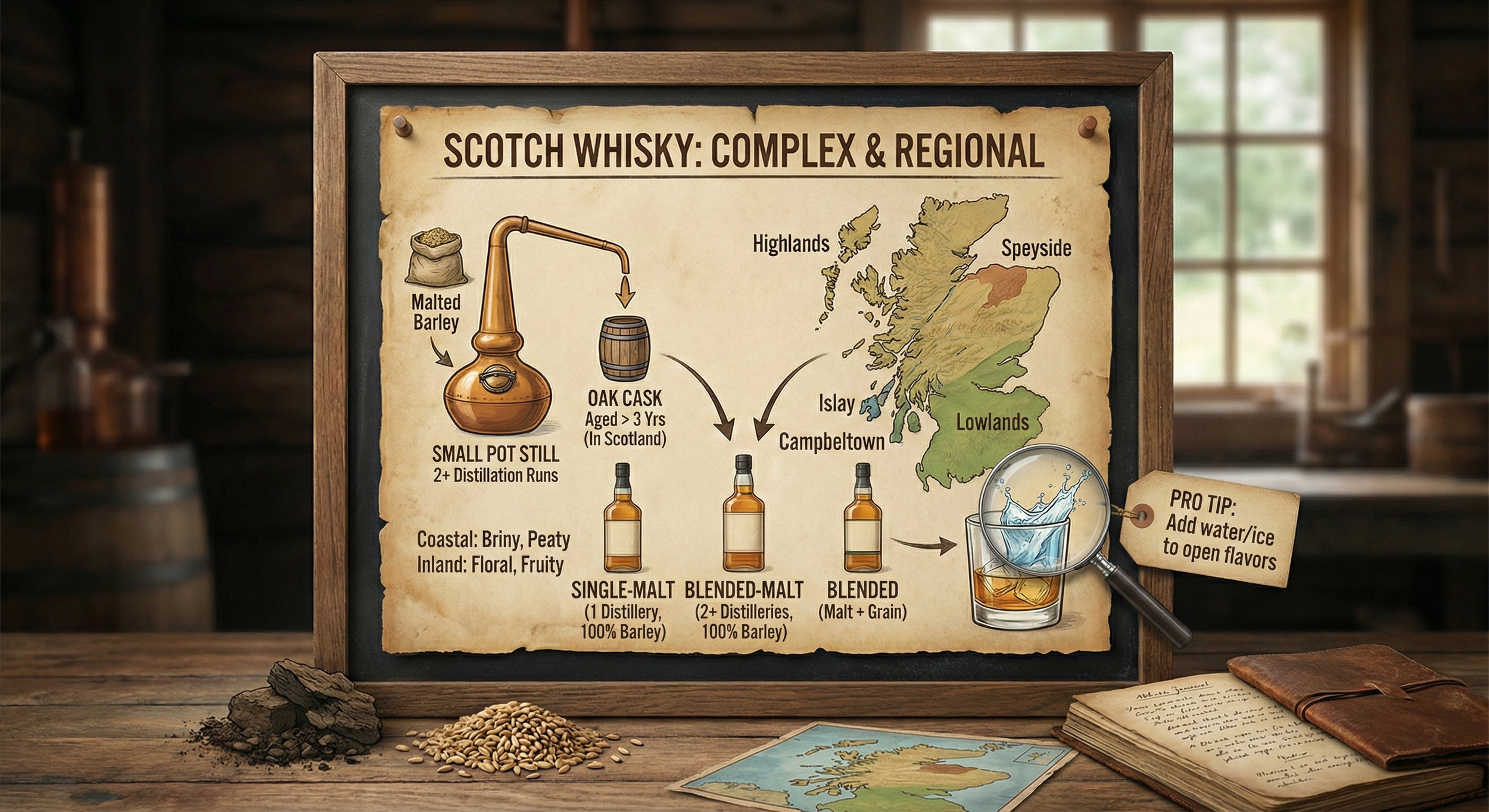 A detailed diagram on a blackboard explains whisky production, showing a copper still, an oak cask aged over 3 years in Scotland, and different regions of Scotland including Highlands, Speyside, Islay, Lowlands, Coastal and Inland areas. It illustrates the process from malted barley through single-malt, blended-malt, and blended whisky, with a tip to add water or ice to open flavors. There are also some grains, a map of Scotland, and notes on the desk.