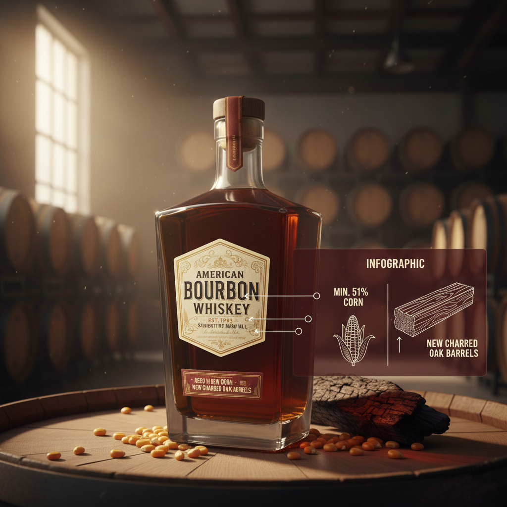 A bottle of American bourbon whiskey on a wooden barrel in a distillery with barrels in the background. An infographic overlay shows a diagram of corn and charred oak barrels.