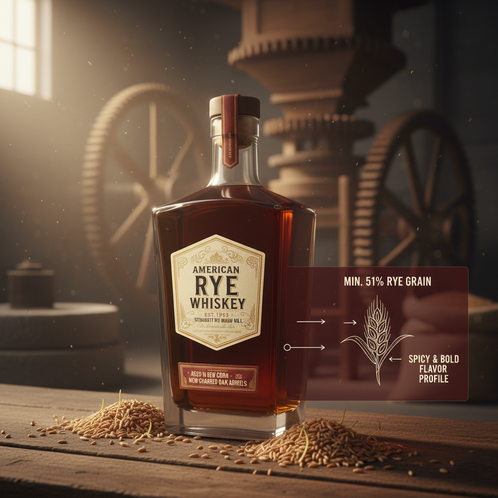 A bottle of American Rye Whiskey on a wooden surface surrounded by rye grains, with a background of large industrial gears and a warm light shining through a window.