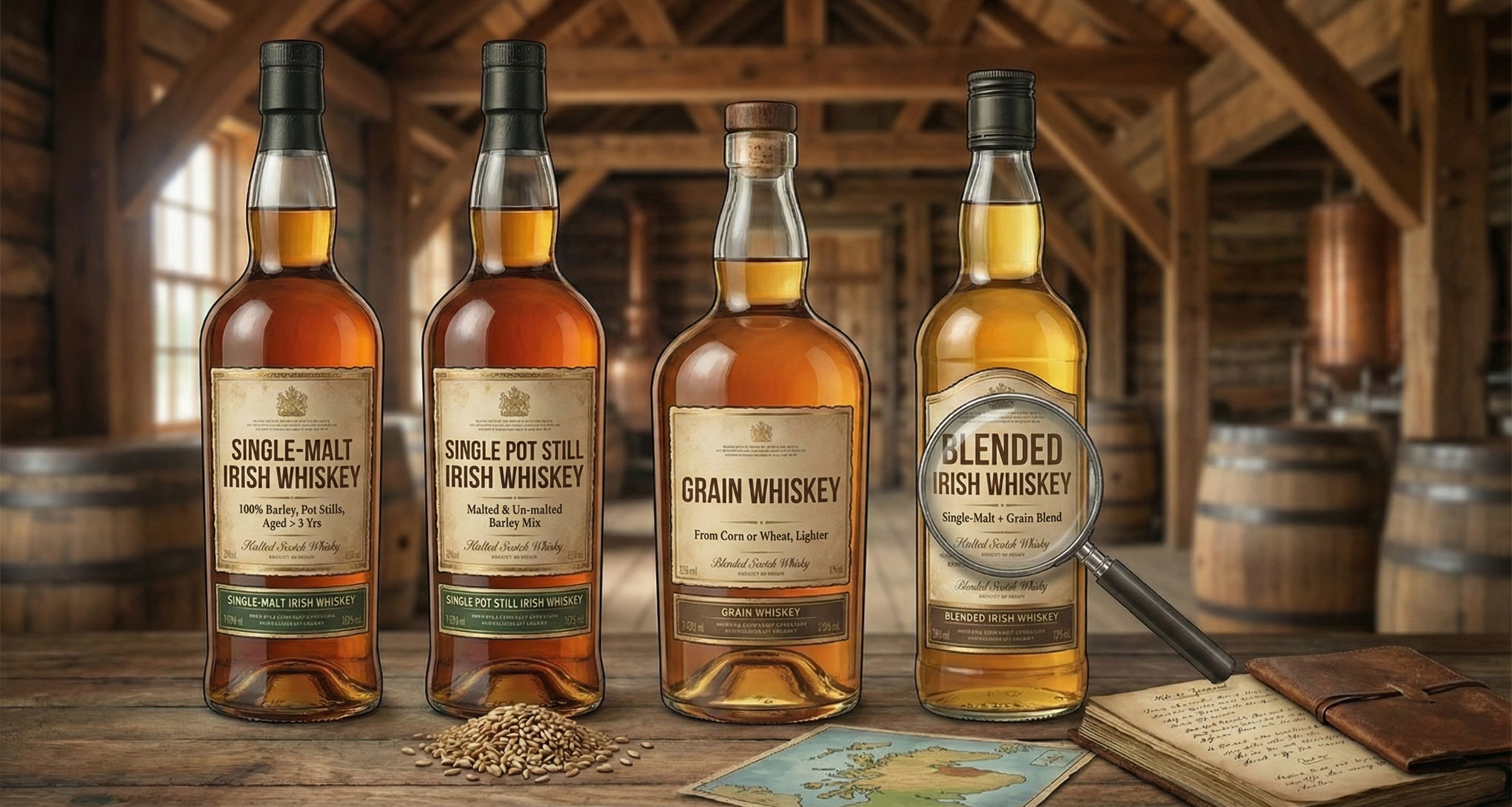Four bottles of whiskey labeled Single-Malt Irish Whiskey, Single Pot Still Irish Whiskey, Grain Whiskey, and Blended Irish Whiskey are arranged on a wooden surface inside a rustic warehouse with barrels in the background. A magnifying glass is positioned over the Blended Irish Whiskey bottle.