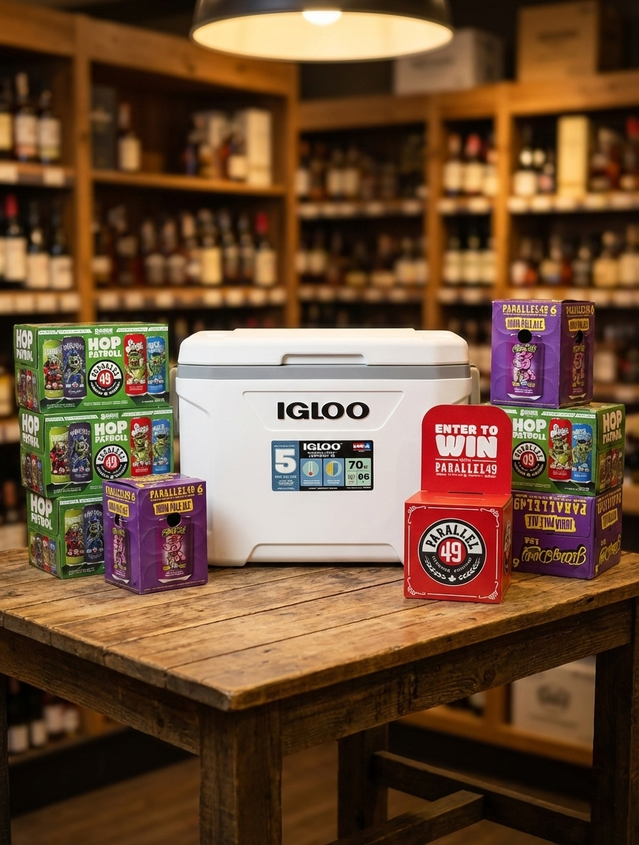 Enter to Win raffle display featuring a white cooler and fireworks packages at a Liquor For Less store in the Fraser Valley.