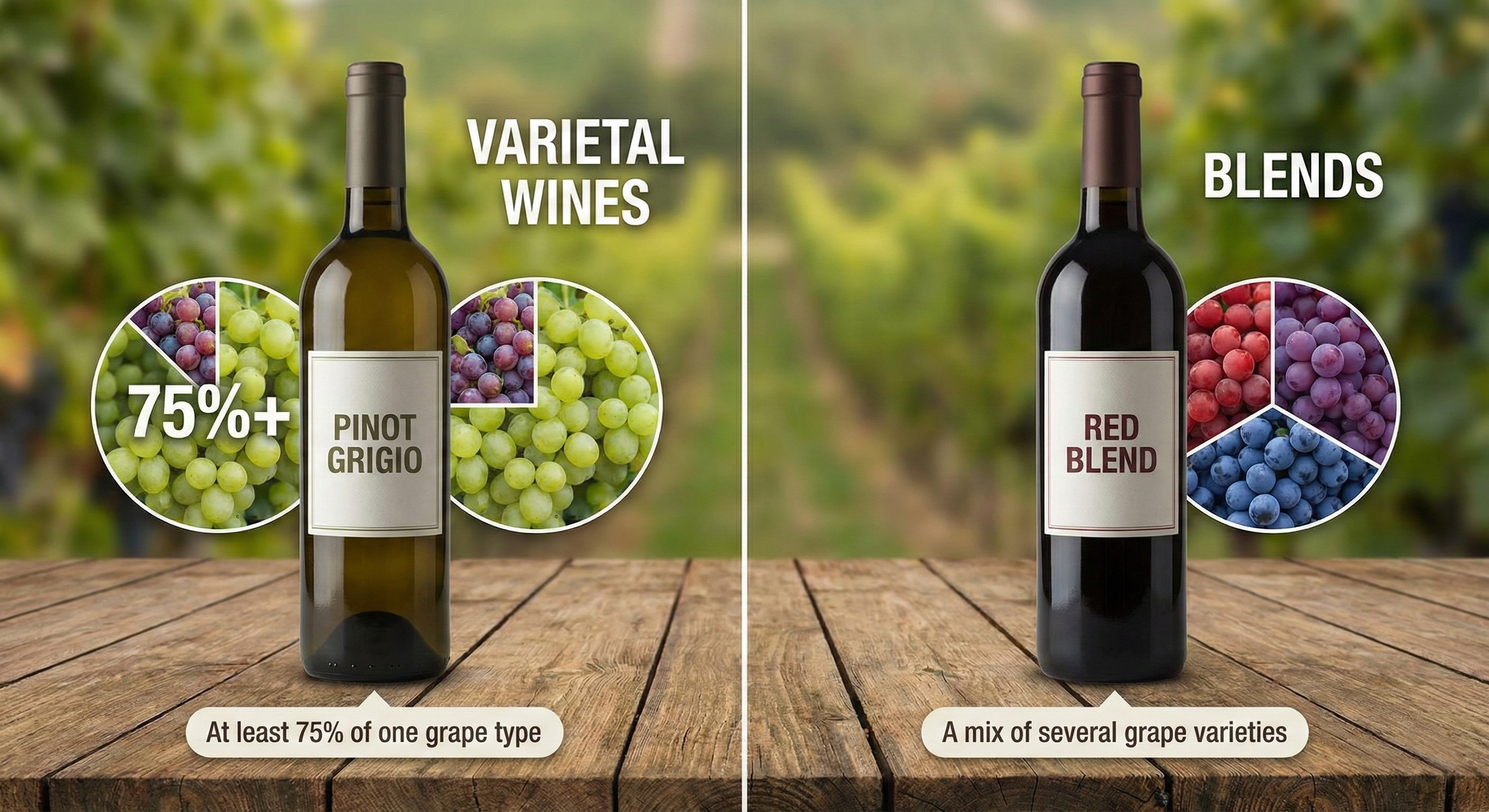 Comparison of varietal wines and blends, showing a wine bottle with a Pinot Grigio label on the left with a background of green and purple grapes labeled "75%+" and "Varietal Wines". On the right, a wine bottle with a Red Blend label with a background of red, purple, and blue grapes labeled "Blends." Text at the bottom states "At least 75% of one grape type" on the left and "A mix of several grape varieties" on the right.