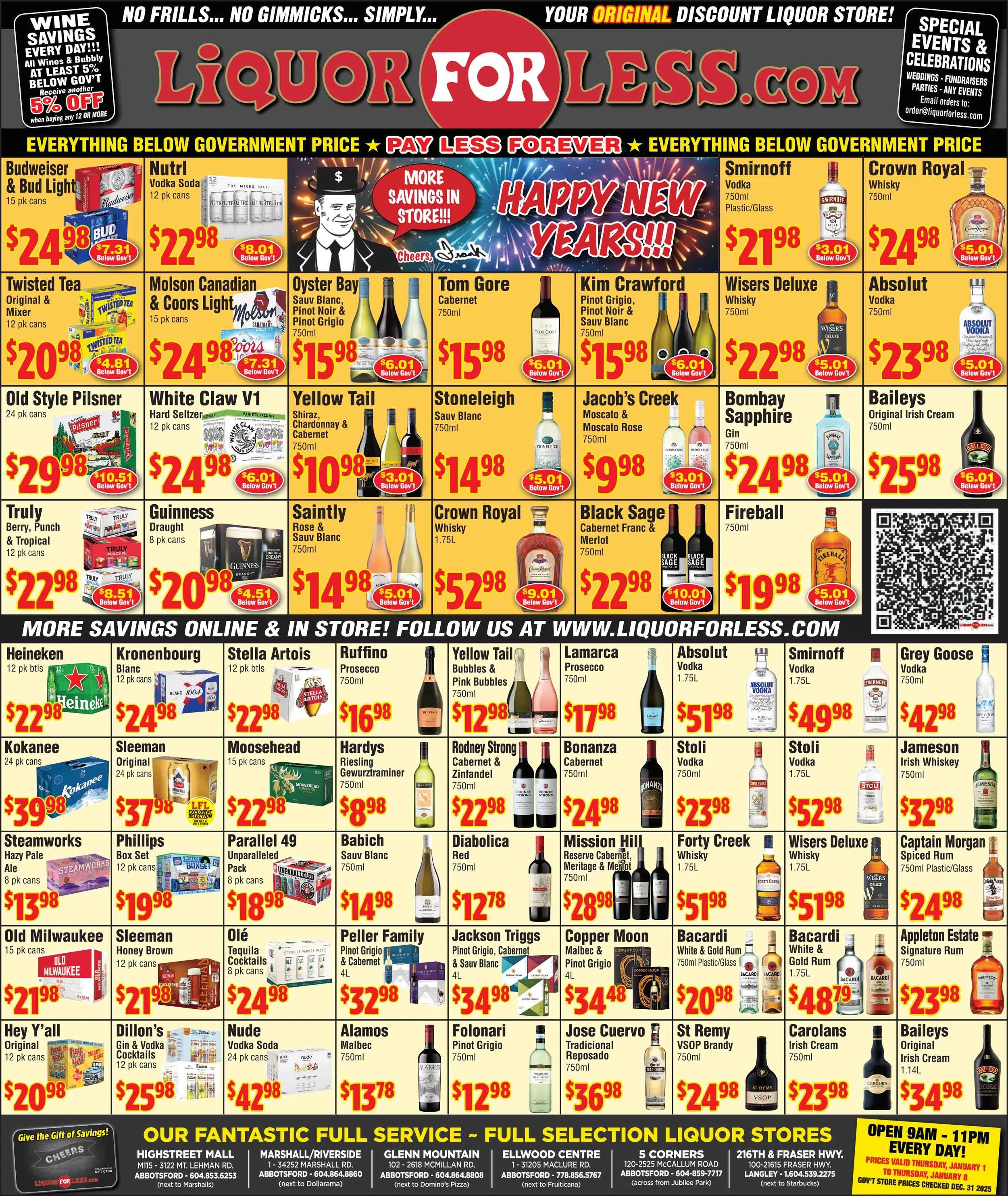 A colorful liquor store sale flyer with various discounted alcoholic drinks, including beer, wine, spirits, and cocktails, with prices and promotional messages for New Year's celebrations.