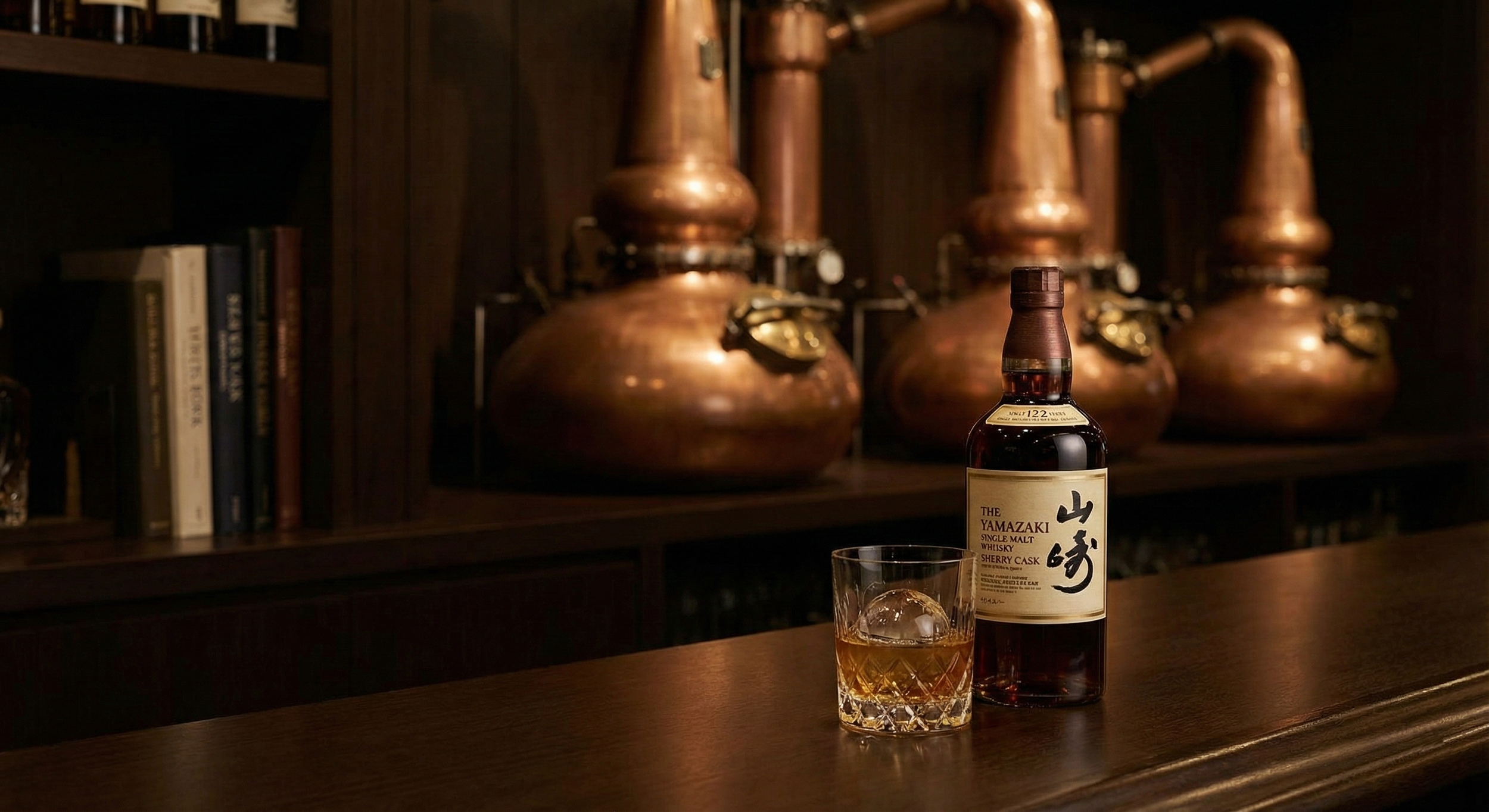A bottle of Yamazaki single malt whisky and a glass with ice on a wooden bar counter, with copper distillation equipment and books in the background.