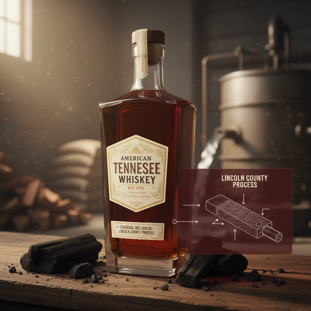 A bottle of American Tennessee whiskey on a wooden surface, with charcoal and wood chips nearby. In the background, kitchen equipment and light from a window. There is a diagram of the Lincoln County process for whiskey production overlayed on the image.