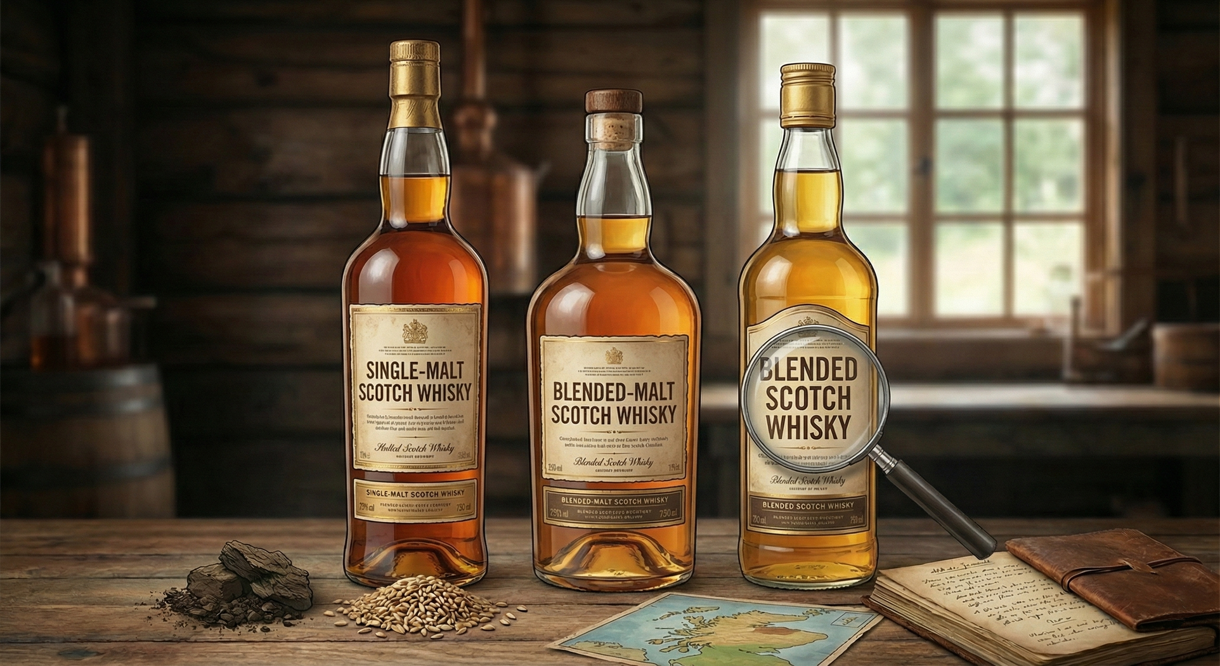 A bottle of single-malt scotch whisky, a bottle of blended-malt scotch whisky and a blended scotch whisky.