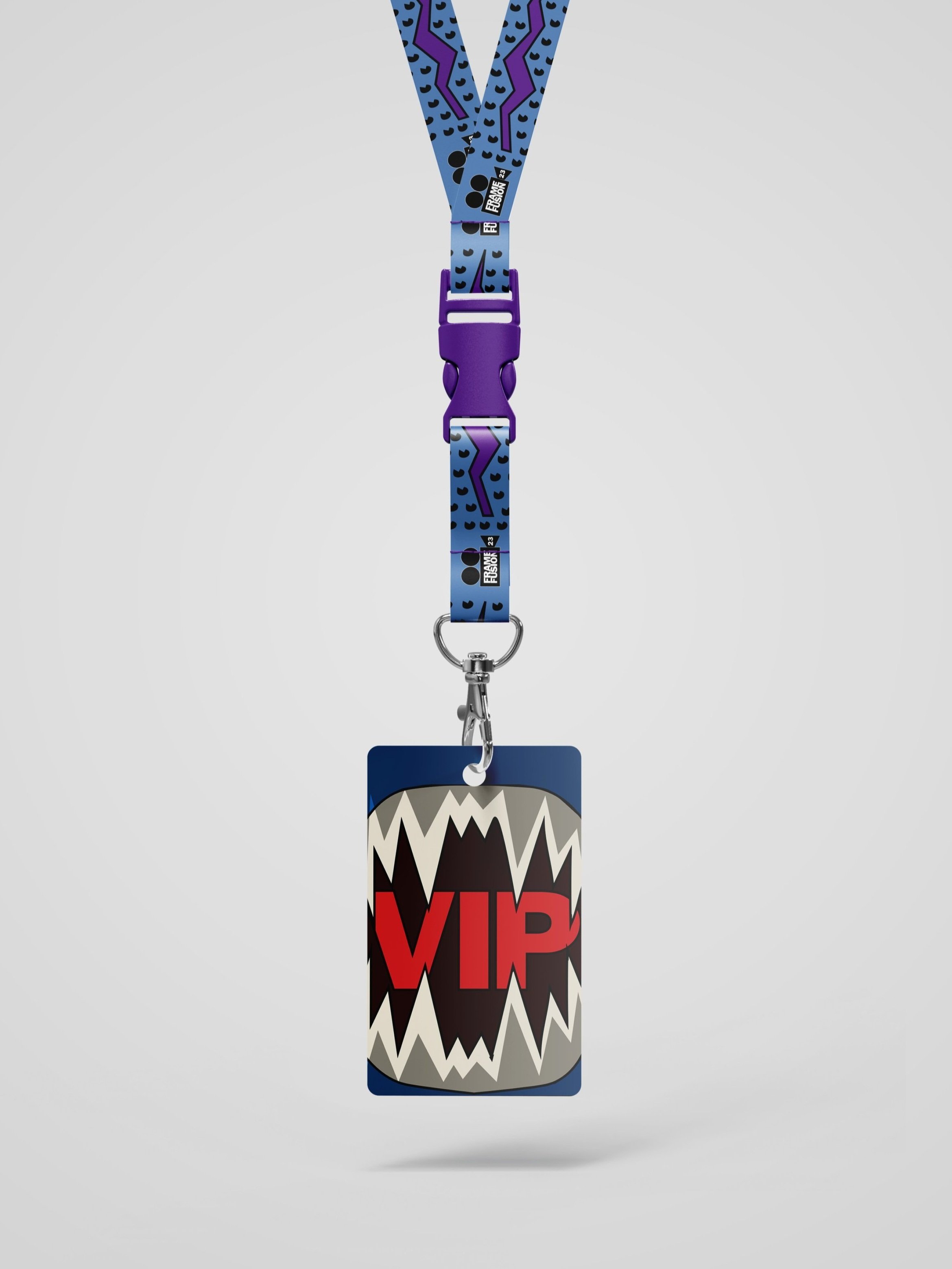 Lanyard with a VIP badge. The lanyard is blue with purple and black designs. The badge has a black, white, and gray zigzag pattern with the word "VIP" in bold red letters.