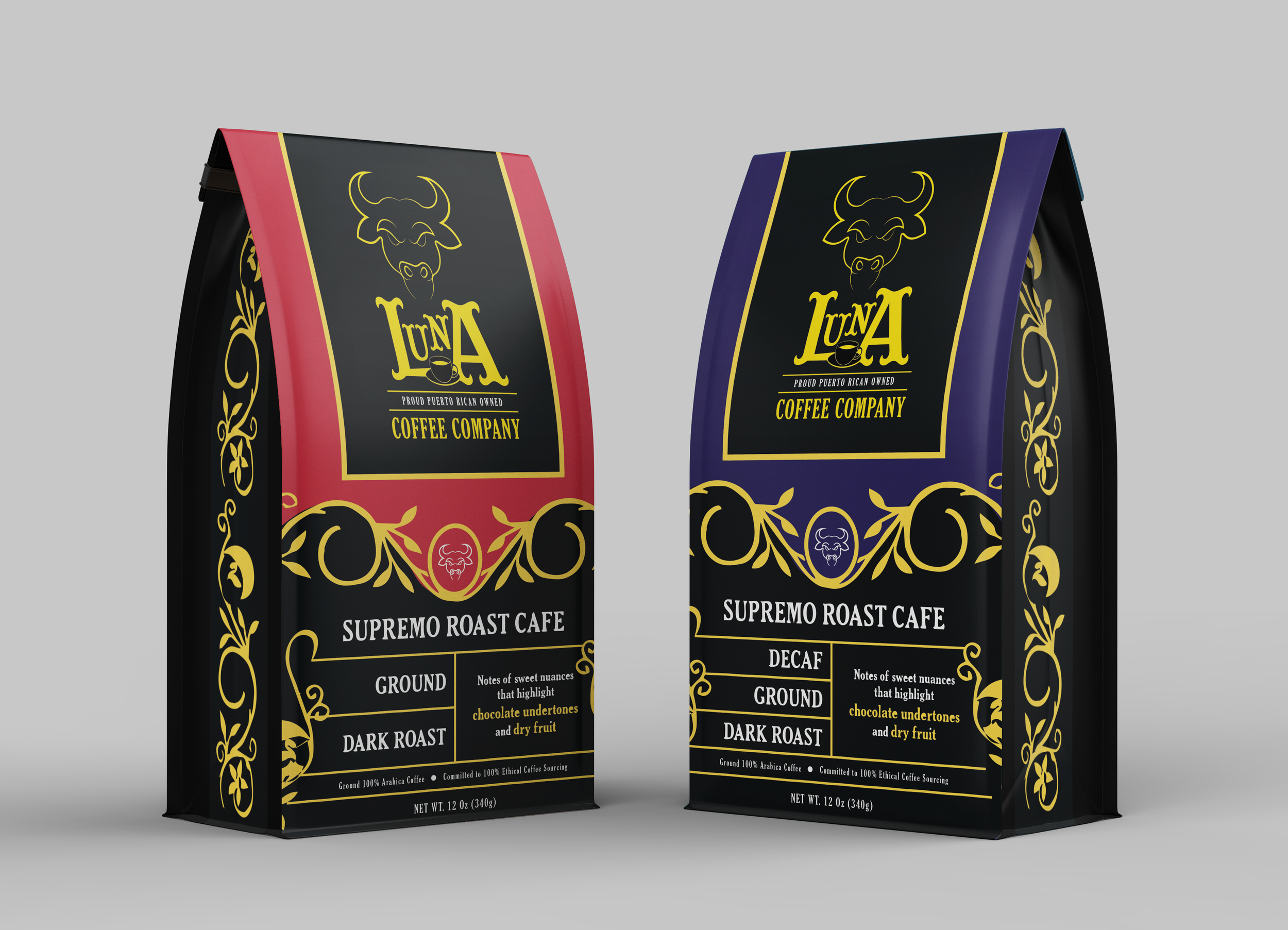 Two bags of Supremo Roast Cafe coffee from Luna Coffee Company, one in red and one in blue packaging, featuring a black background with gold decorative elements and a cow logo.
