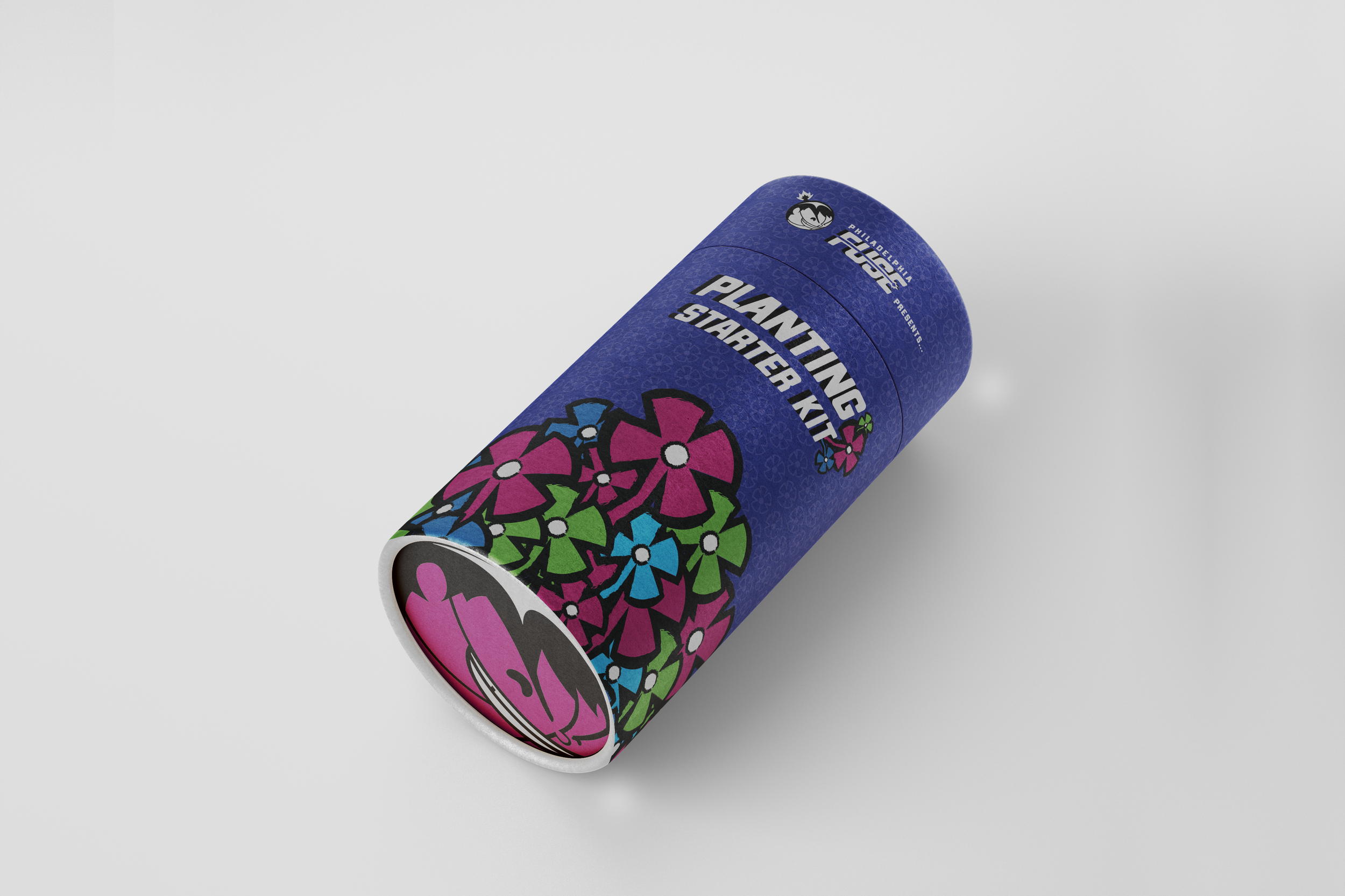 A container of Philadelphia Planting Starter Kit with colorful flower illustrations on a blue background