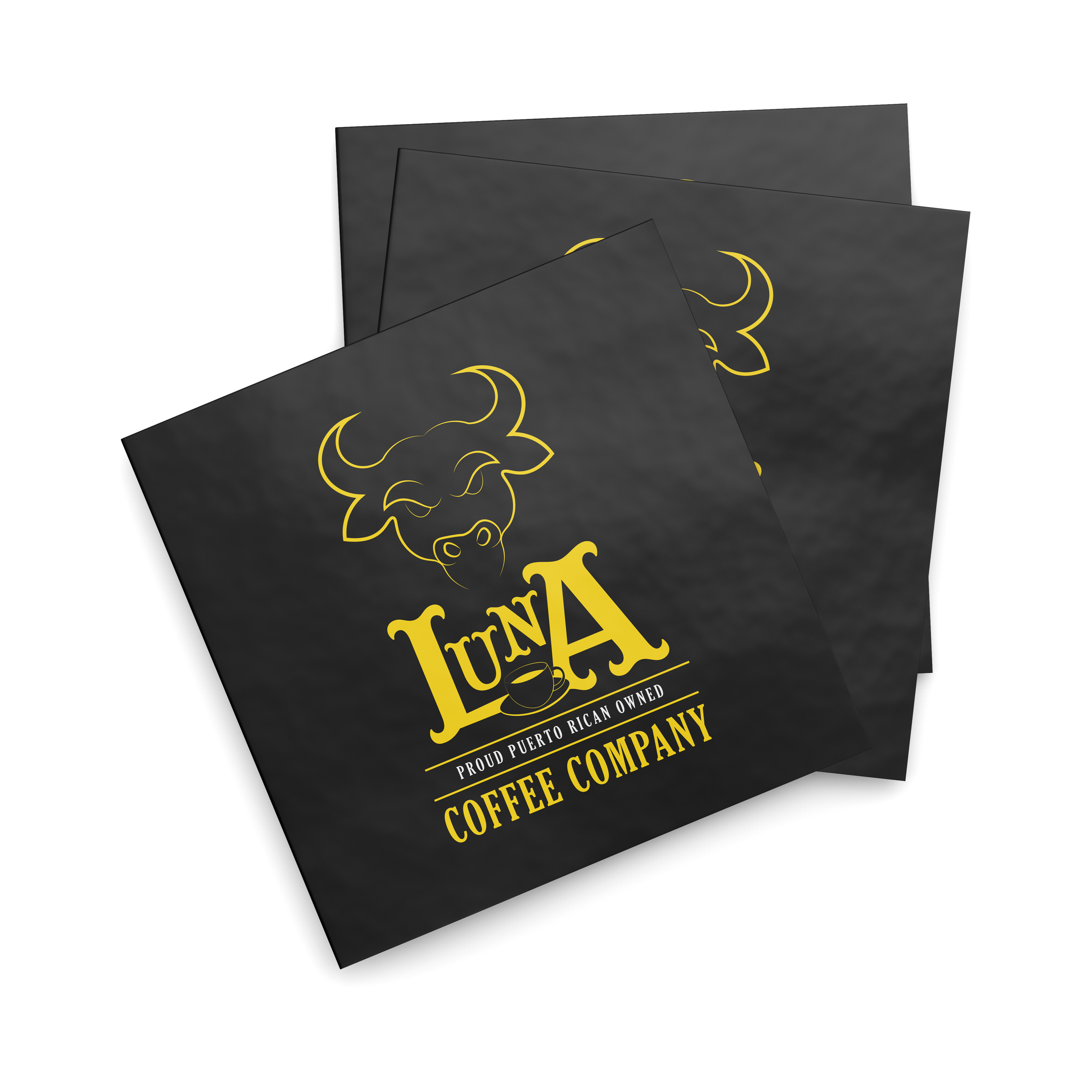 Black coffee company napkins with gold logo featuring a bull's head and the text "LUNA PRoud Puerto Rican Owned Coffee Company".