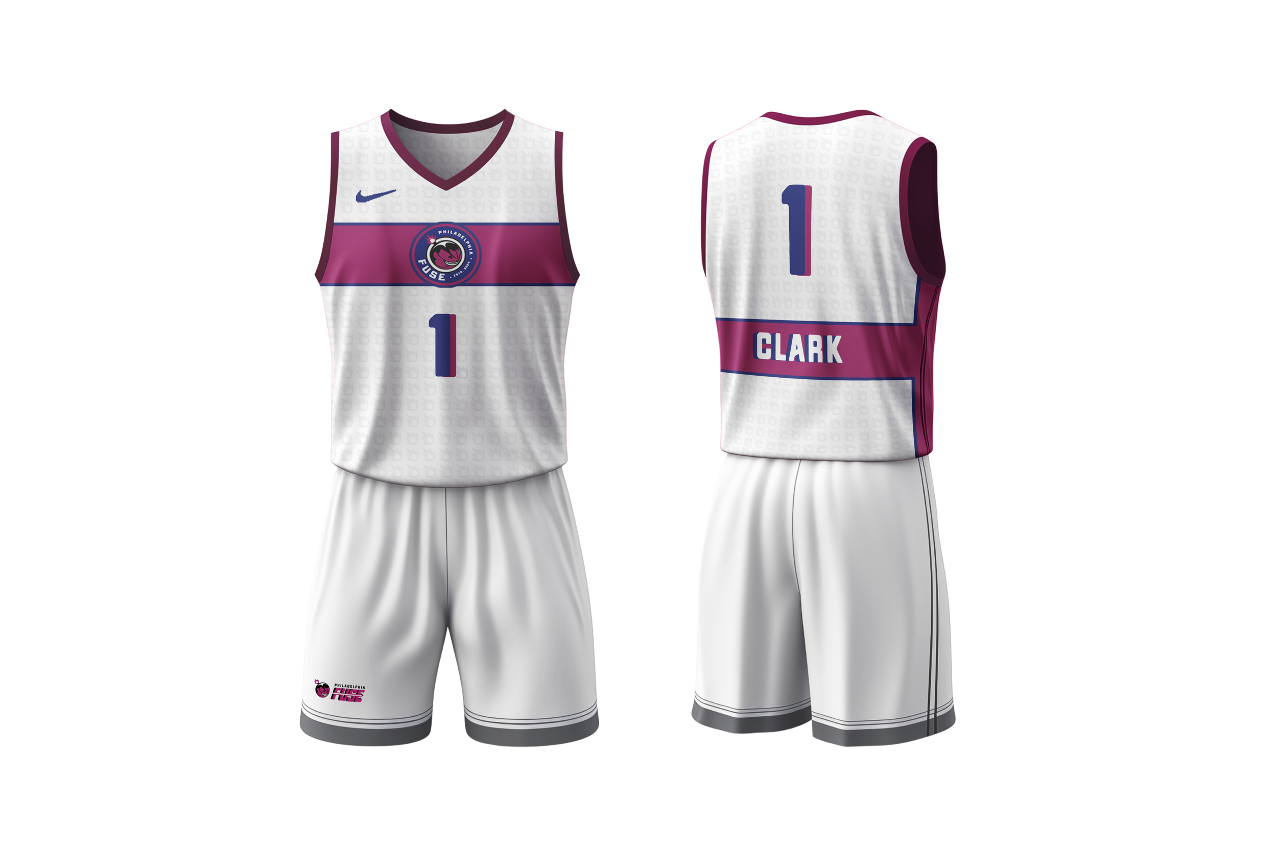 A pair of professional basketball jerseys and shorts displayed from front and back. The jerseys are white with maroon and blue accents, featuring the Philadelphia Fusion logo, the number 1, and the name Clark on the back. The shorts are white with black and pink logo accents.