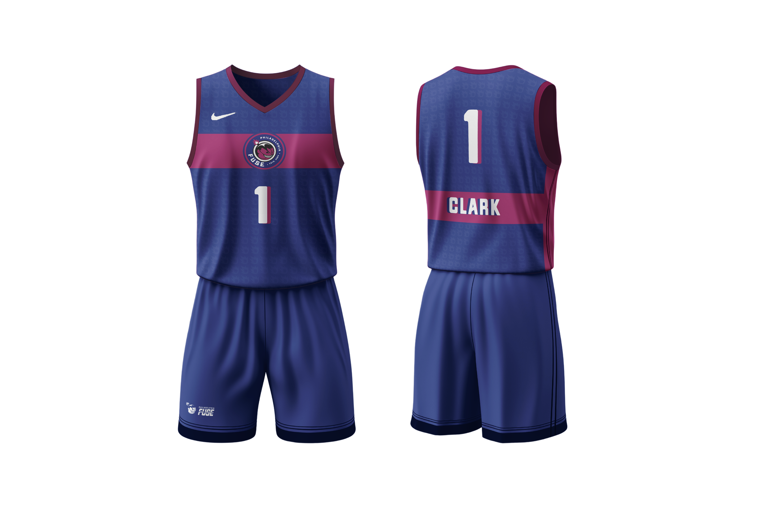 Sports jersey and shorts set for Philadelphia Fuse basketball team, blue and maroon color, with the number 1 and the name Clark on the back, and Philadelphia Fuse logo on the front and shorts.