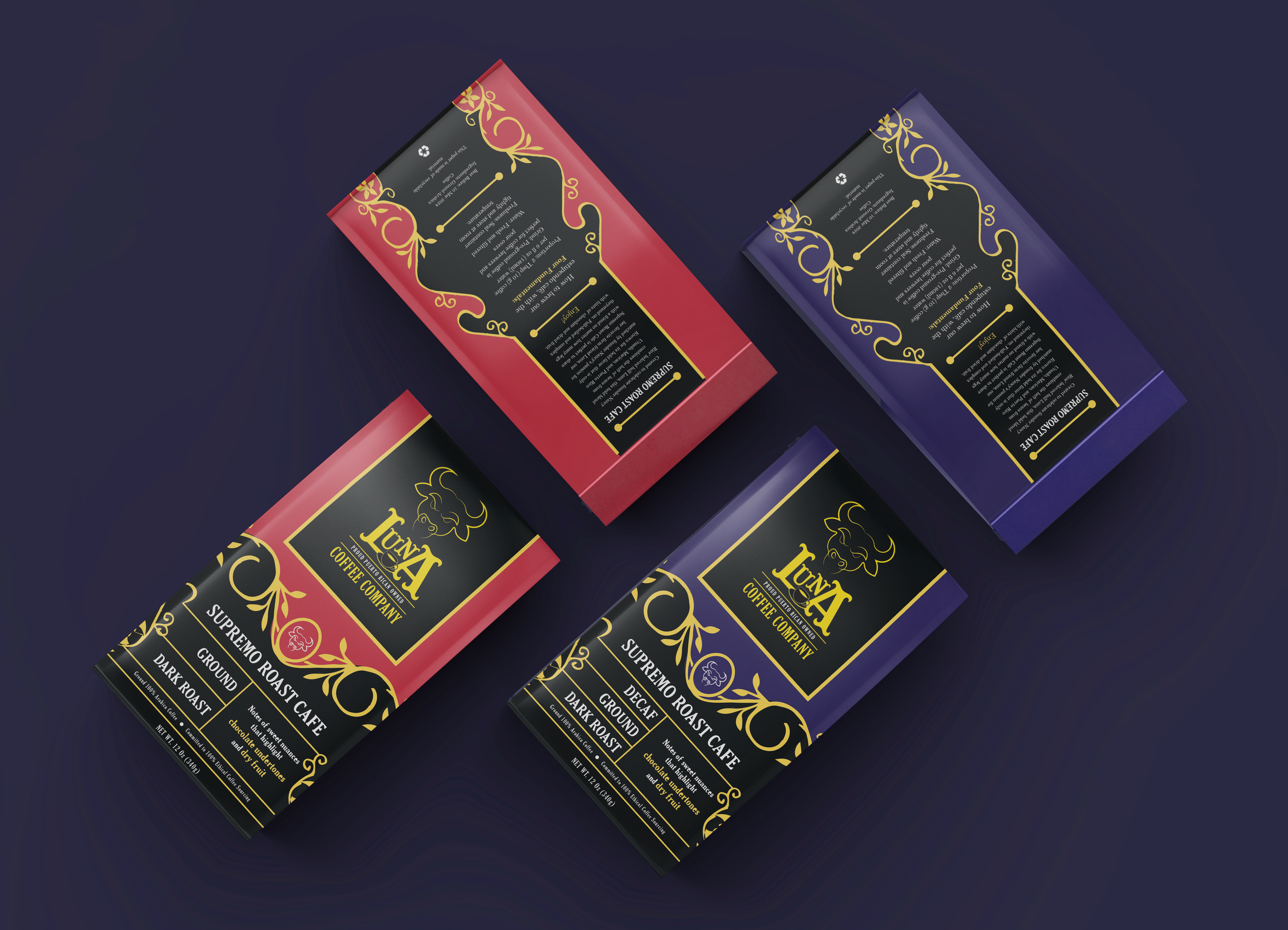 Four chocolate coffee bar packages, two in red and two in purple, labeled 'TUNA Coffee Company.' Each package indicates 'Supremo Roast Cafe,' with details about the roast type, ground, and dark roast, on a dark background with gold and white decorative elements.
