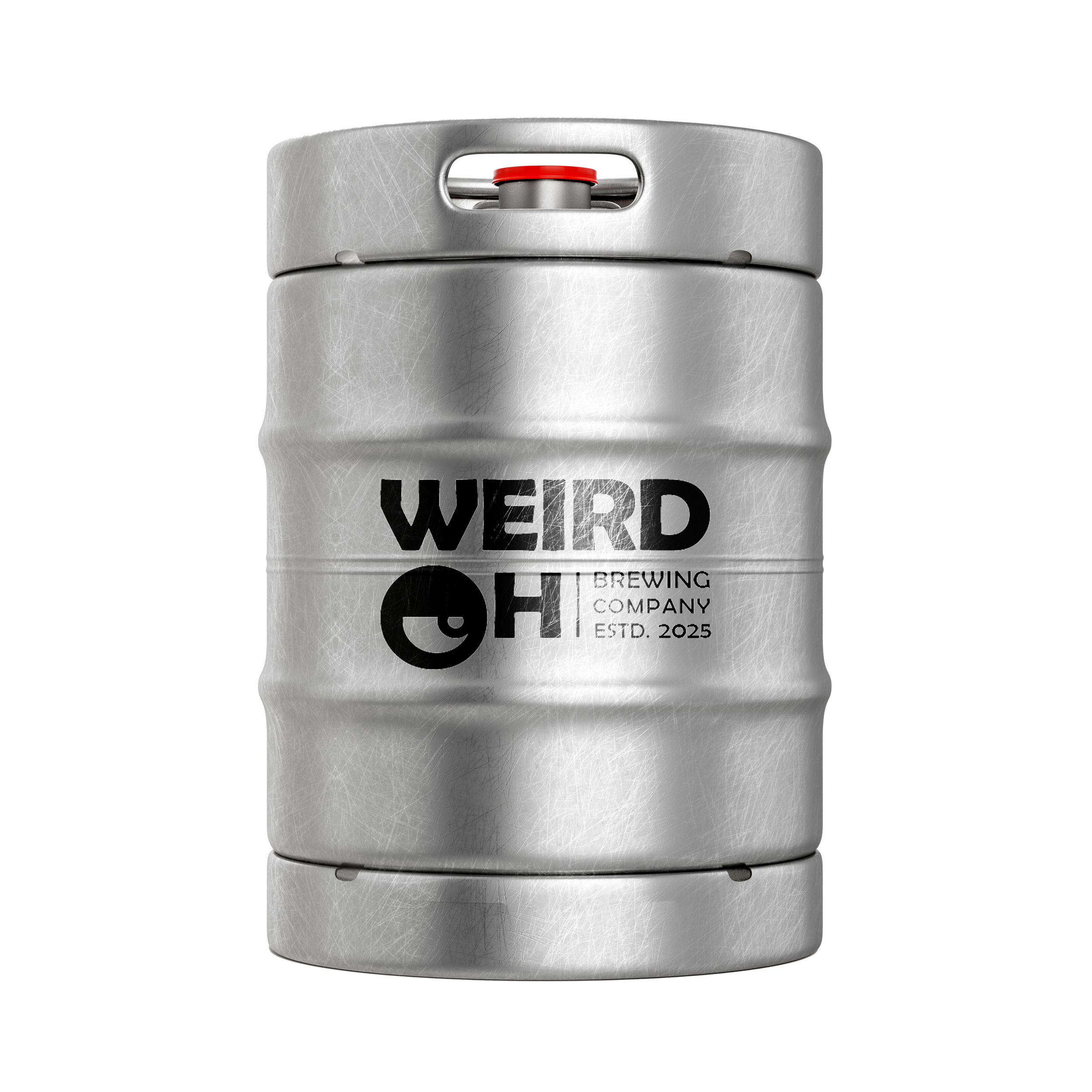 A metal brewing keg with the words 'WEIRD CHI BREWING COMPANY ESTD. 2025' printed on it, black text on a silver surface.