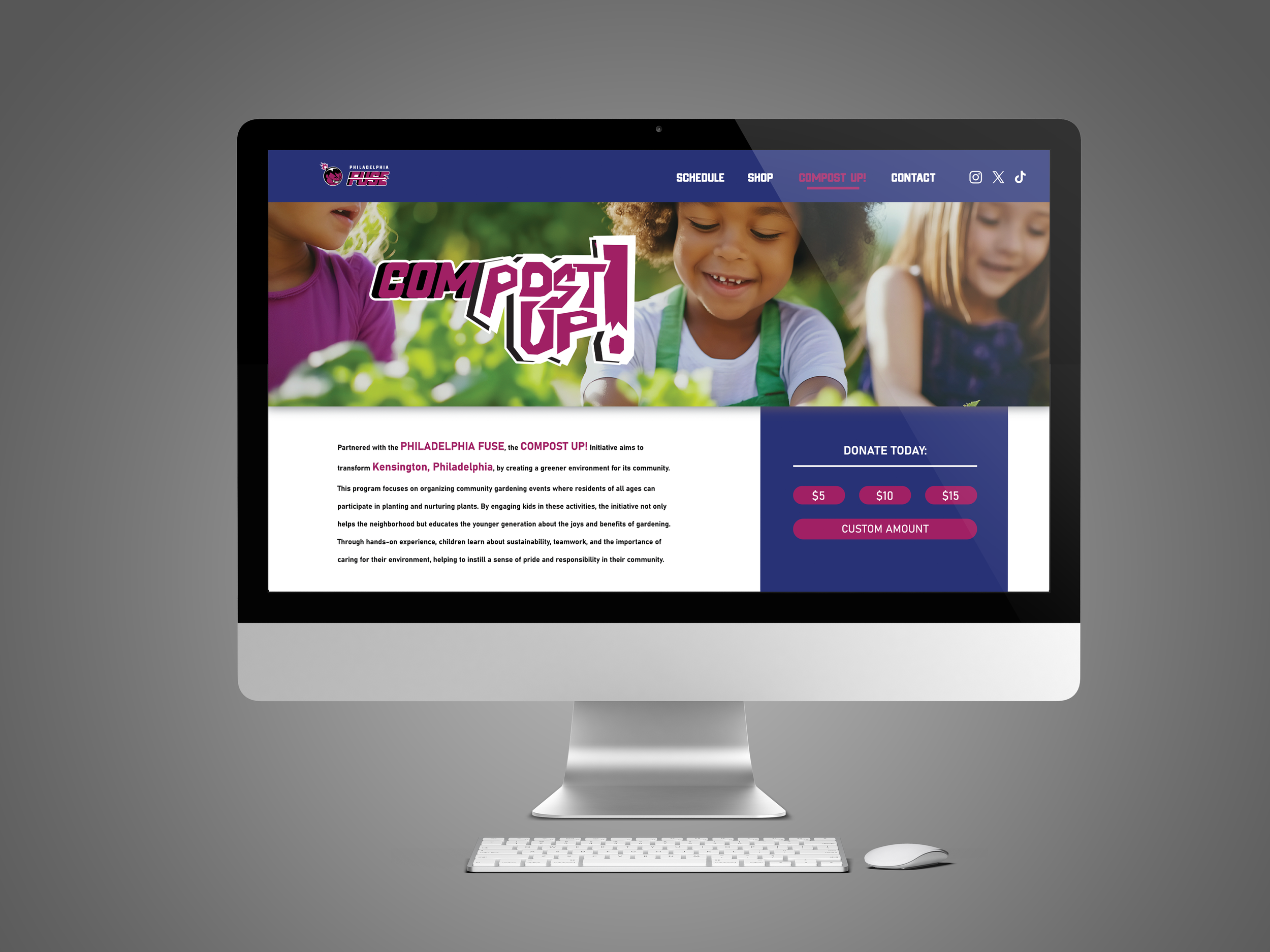 Computer screen displaying a webpage for a community gardening event partnered with Philadelphia Fuse, featuring a photo of children gardening and donation options on the right.