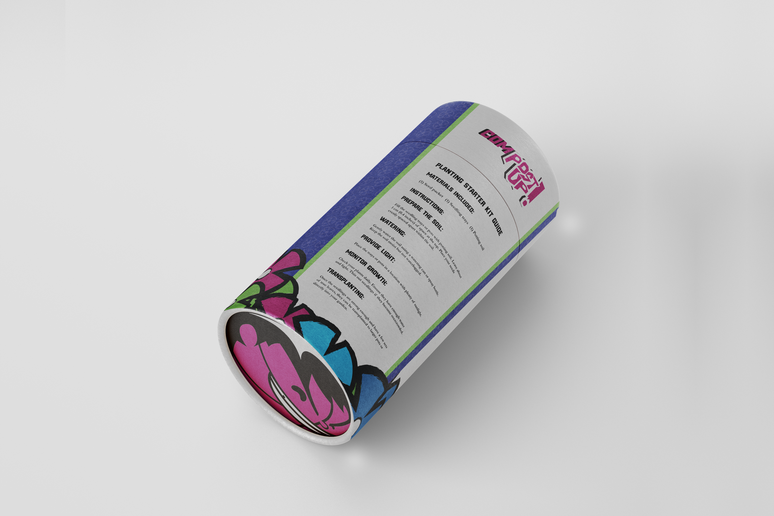 A cylindrical container with colorful graffiti artwork and a label with instructions for planting starter kit.