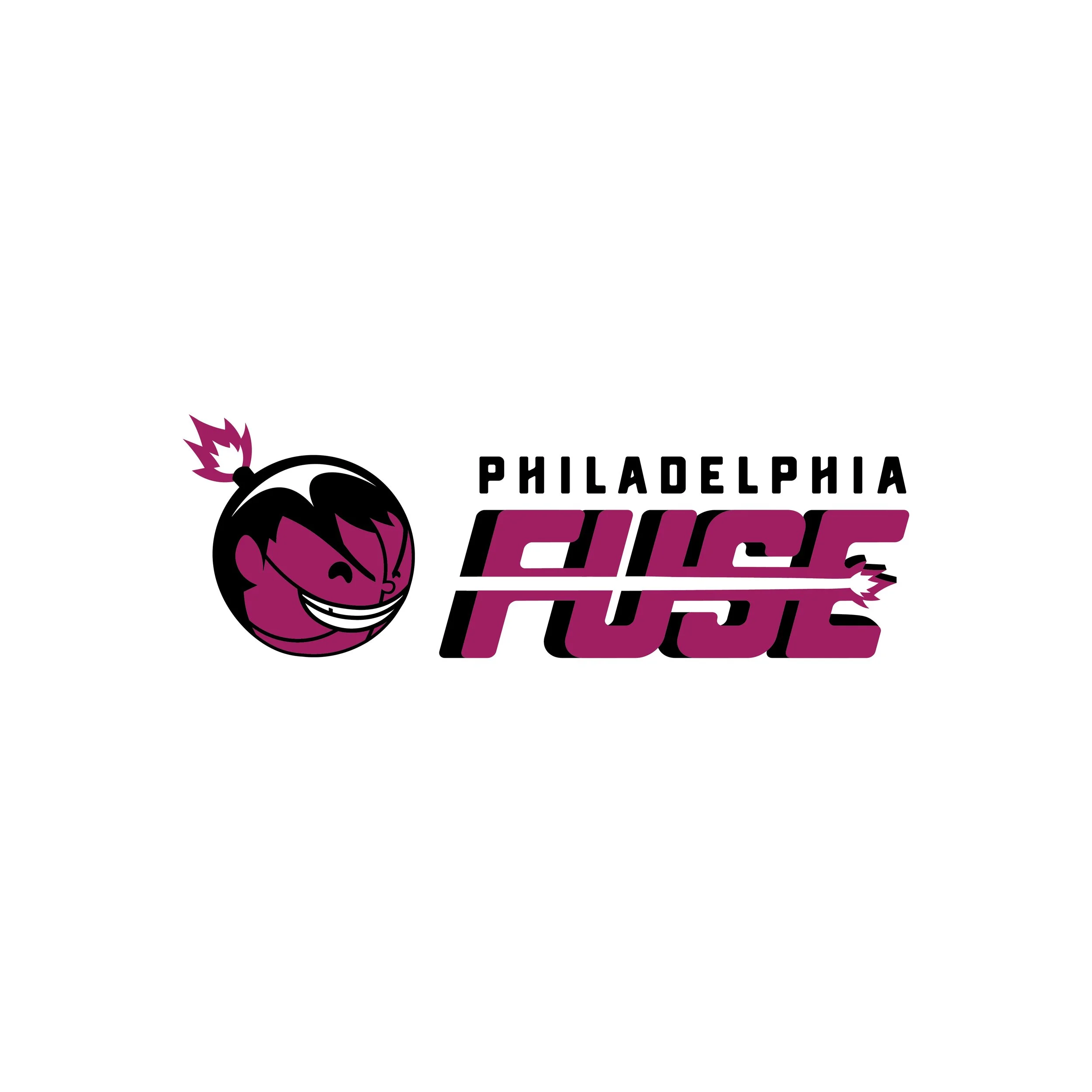 Philadelphia Fusion logo with a cartoon bomb character smiling, with purple, black, and white colors.