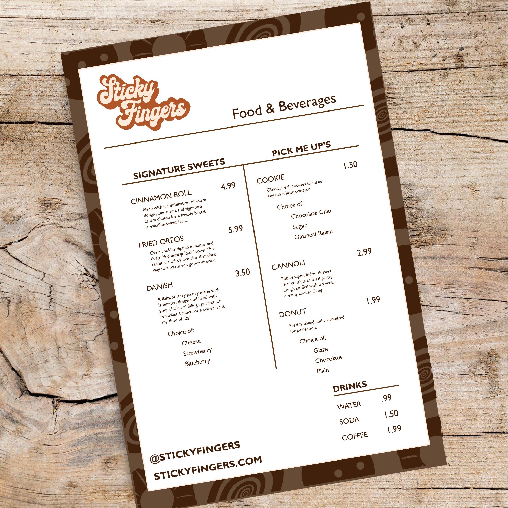 Menu for Sticky Fingers restaurant, featuring signature sweets like cinnamon roll, fried Oreos, and Danish, and pick-me-up items such as cookies, cannoli, and donuts, with drinks including water, soda, and coffee, on a wooden table.
