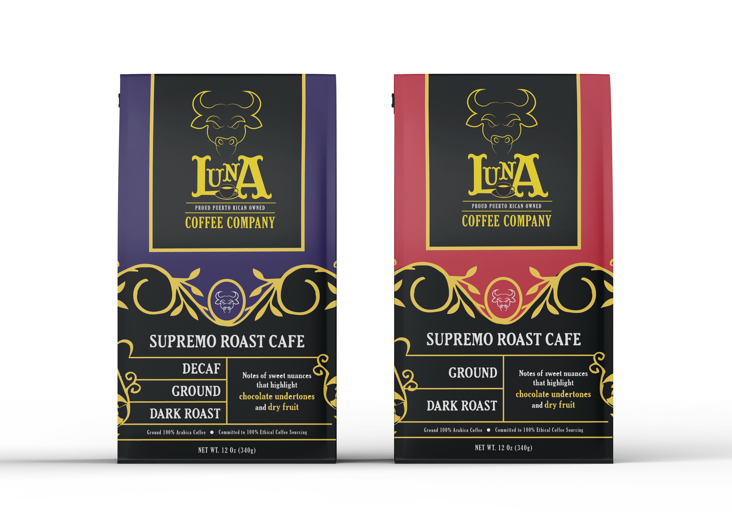 Two packages of LUNA coffee, one in purple and gold packaging and the other in red and gold, labeled Supremo Roast Cafe, Decaf Ground, Dark Roast, with a stylized bull logo on each.