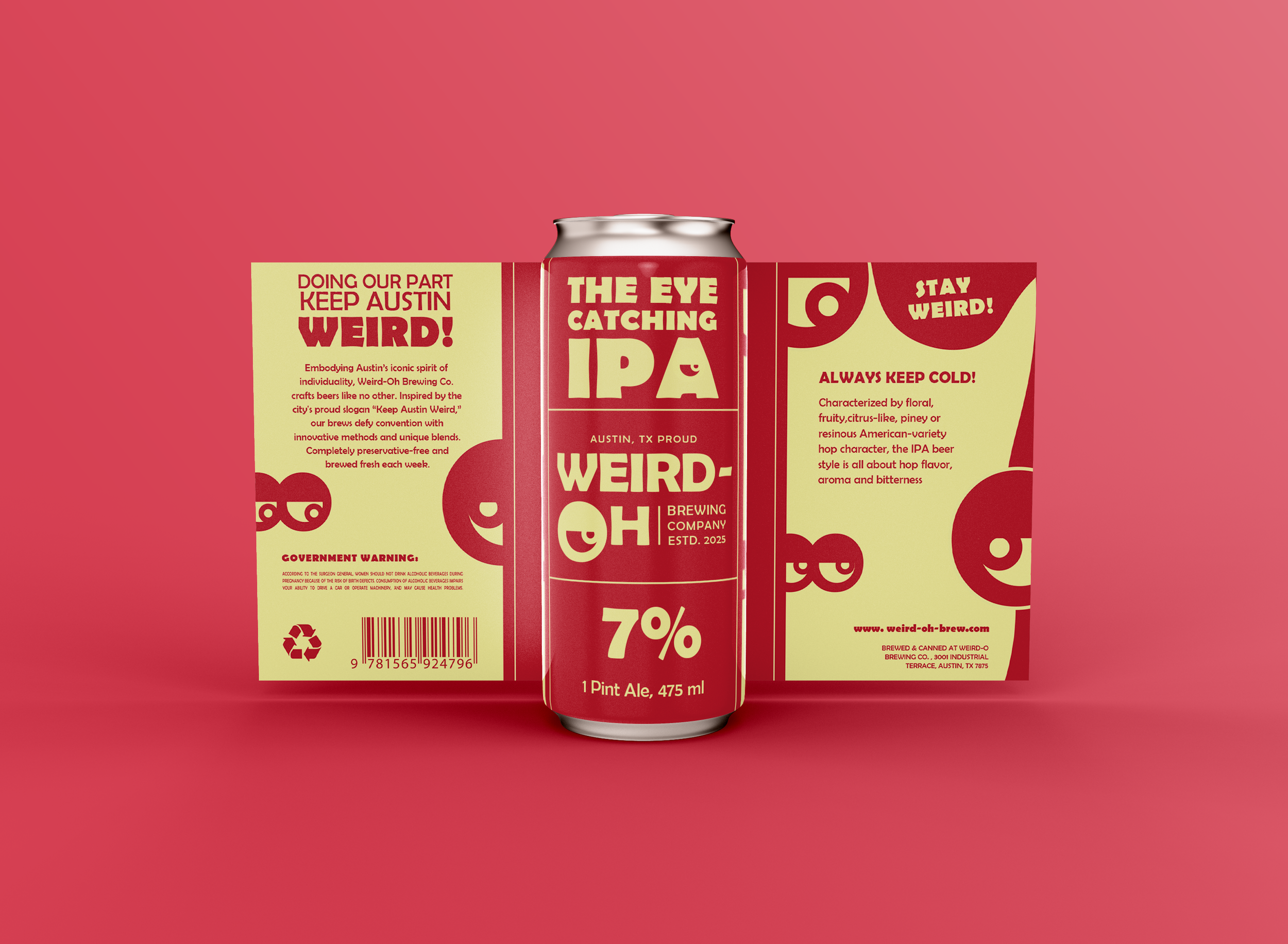 A can of The Eye Catching IPA beer in the center, with colorful promotional pamphlets on each side, featuring playful graphics and text about the beer and the brand.