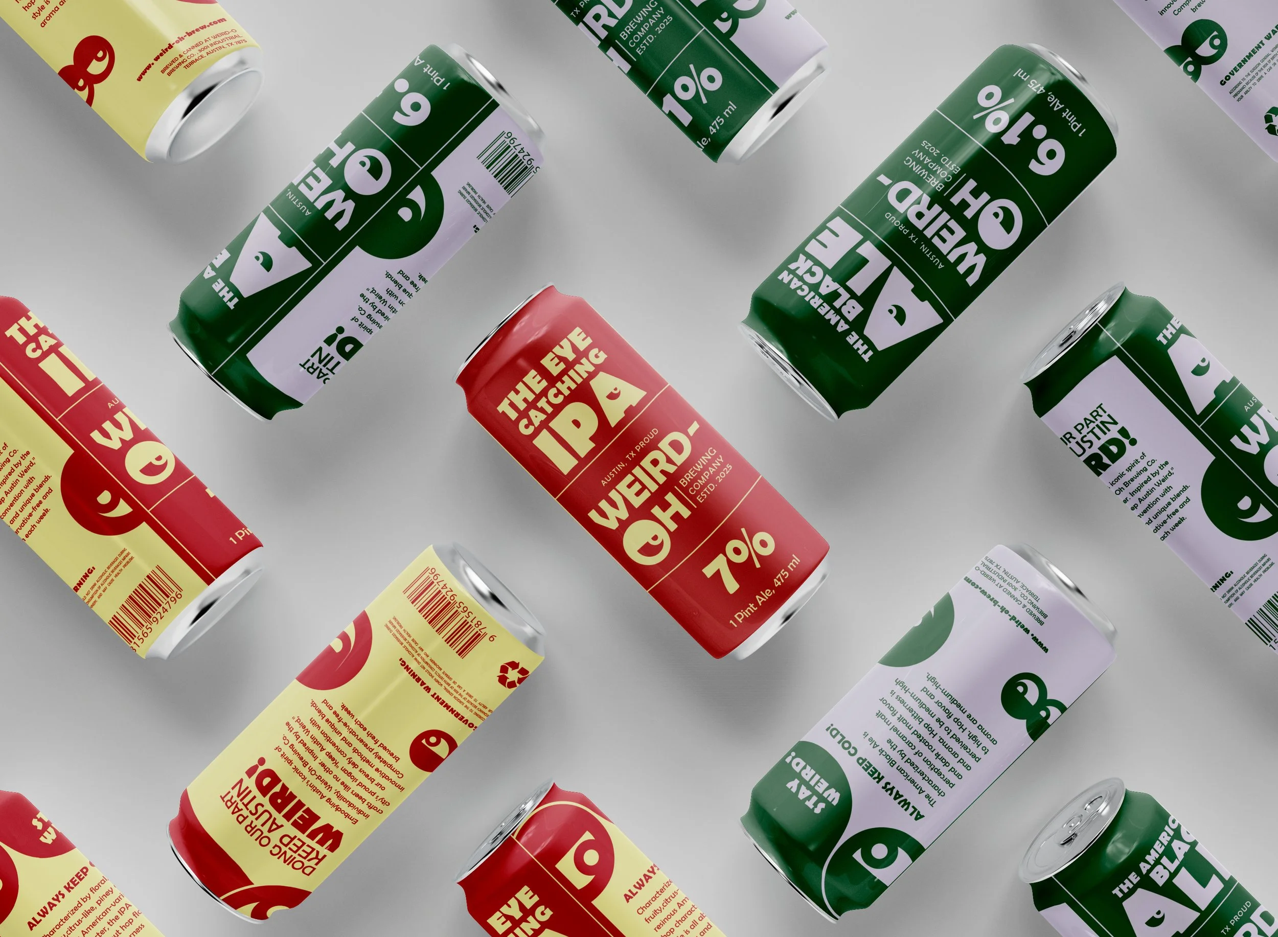 Collection of colorful cans with labels and text, arranged diagonally on a light gray background.