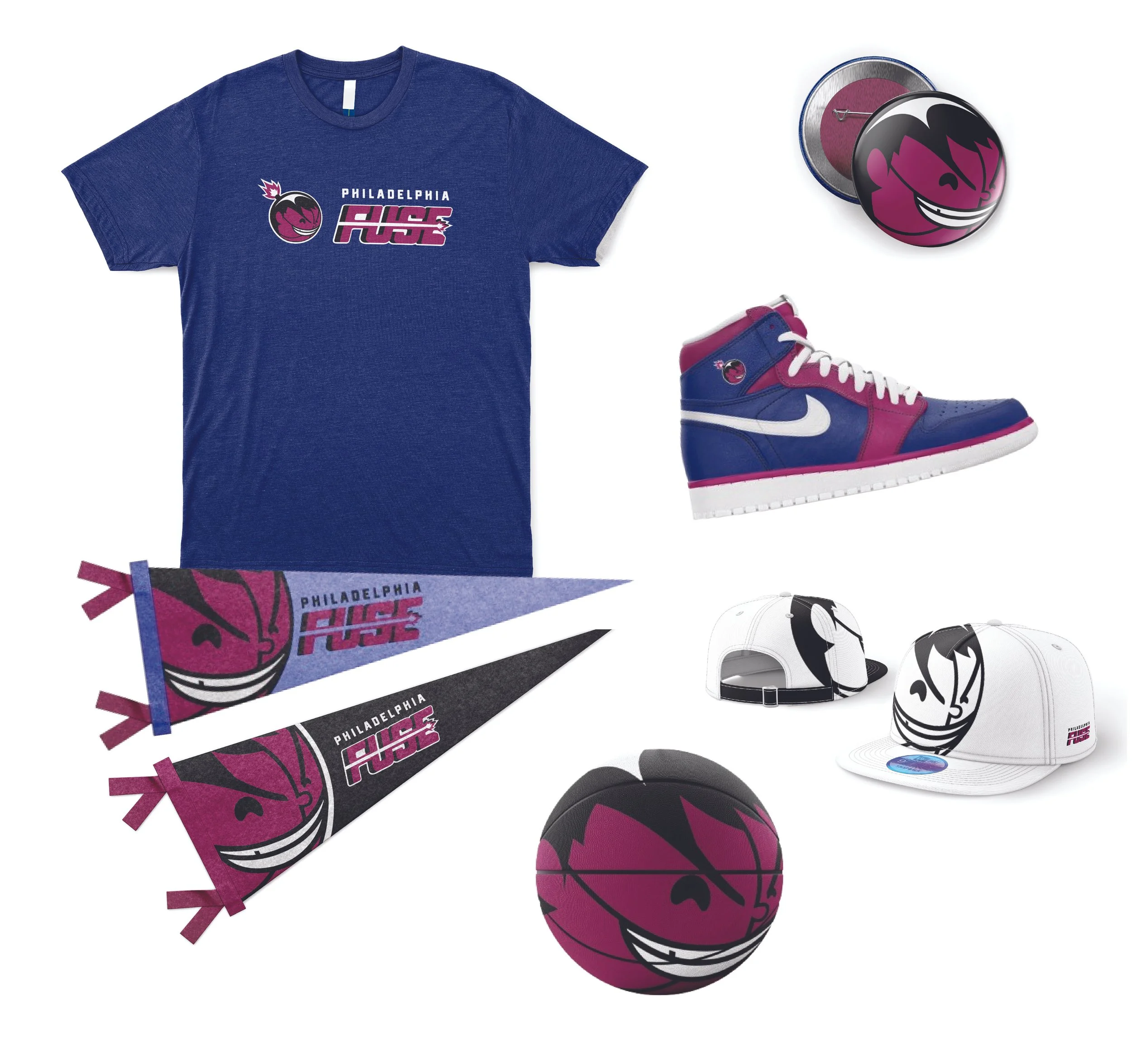 Philadelphia Fusion esports team merchandise, including t-shirt, caps, pennants, basketball, sneakers, and pins, all featuring team logo and colors.
